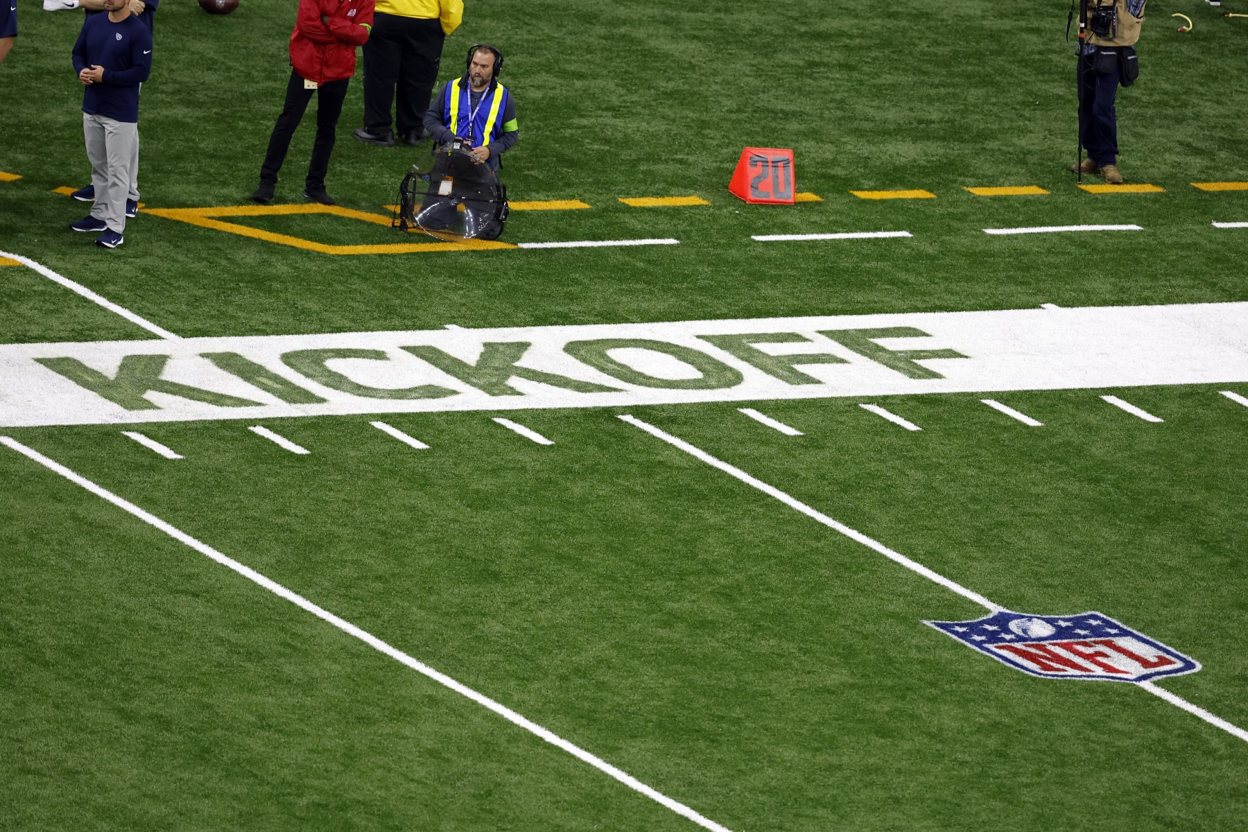 The Kickoff logo is seen on the field during an NFL football game between the New Orleans Saints and the Tennessee Titans, Sunday, Sep. 10, 2023, in New Orleans. (AP Photo/Tyler Kaufman)