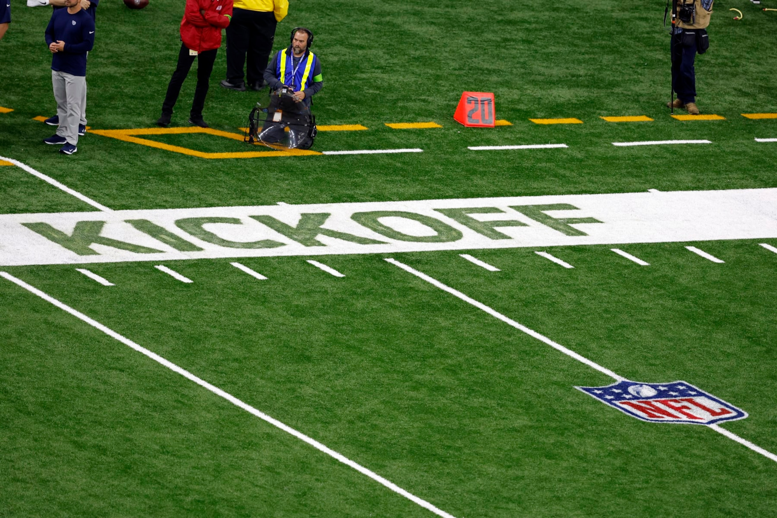 The Kickoff logo is seen on the field during an NFL football game between the New Orleans Saints and the Tennessee Titans, Sunday, Sep. 10, 2023, in New Orleans. (AP Photo/Tyler Kaufman) The Kickoff logo is seen on the field during an NFL football game between the New Orleans Saints and the Tennessee Titans, Sunday, Sep. 10, 2023, in New Orleans. (AP Photo/Tyler Kaufman)