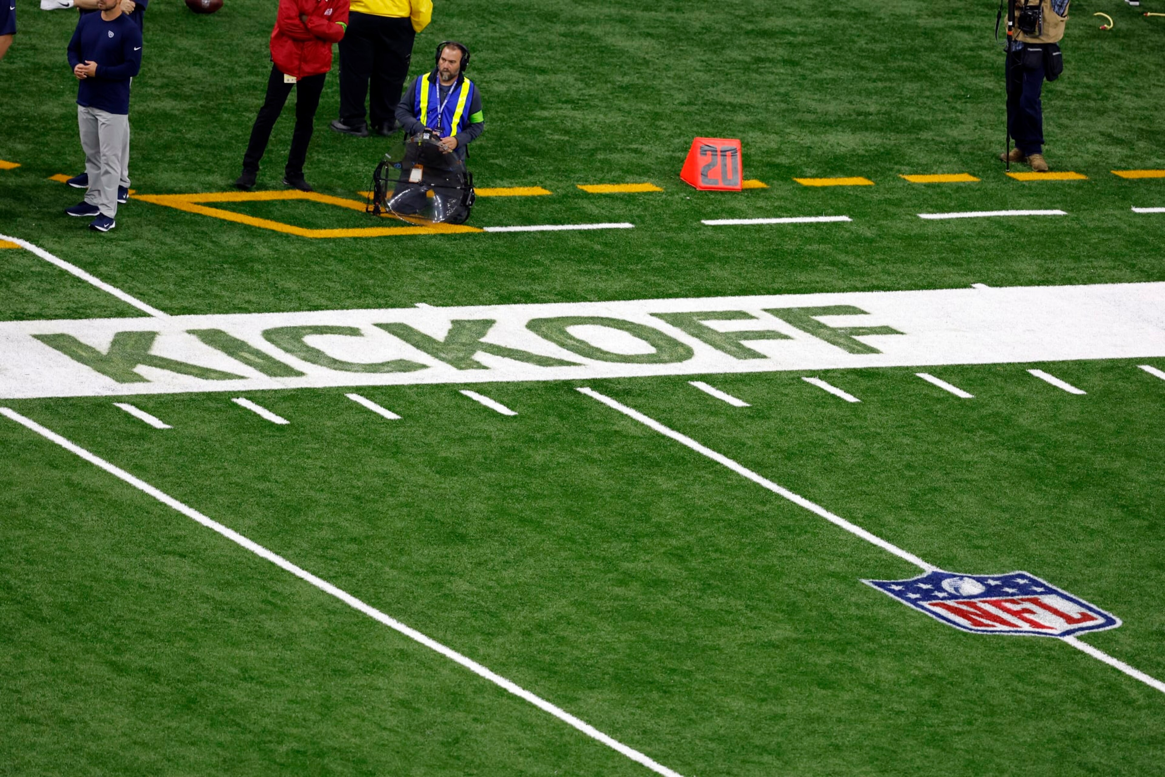 The Kickoff logo is seen on the field during an NFL football game between the New Orleans Saints and the Tennessee Titans, Sunday, Sep. 10, 2023, in New Orleans. (AP Photo/Tyler Kaufman)