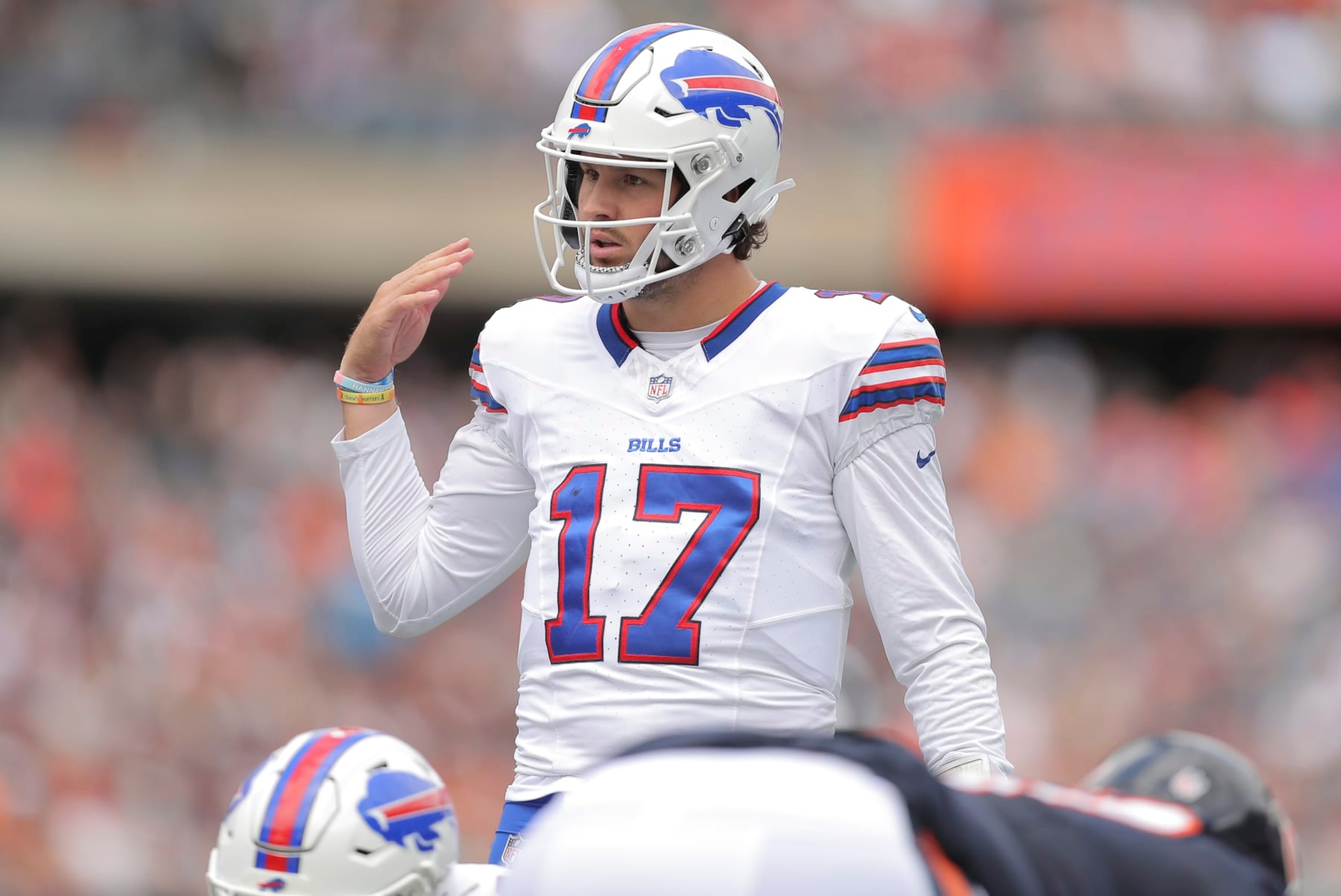 Buffalo Bills quarterback Josh Allen (17) calls a play during an NFL football preseason game against the Chicago Bears, Saturday, Aug. 26, 2023, in Chicago. (AP Photo/Melissa Tamez) Buffalo Bills quarterback Josh Allen (17) calls a play during an NFL football preseason game against the Chicago Bears, Saturday, Aug. 26, 2023, in Chicago. (AP Photo/Melissa Tamez)