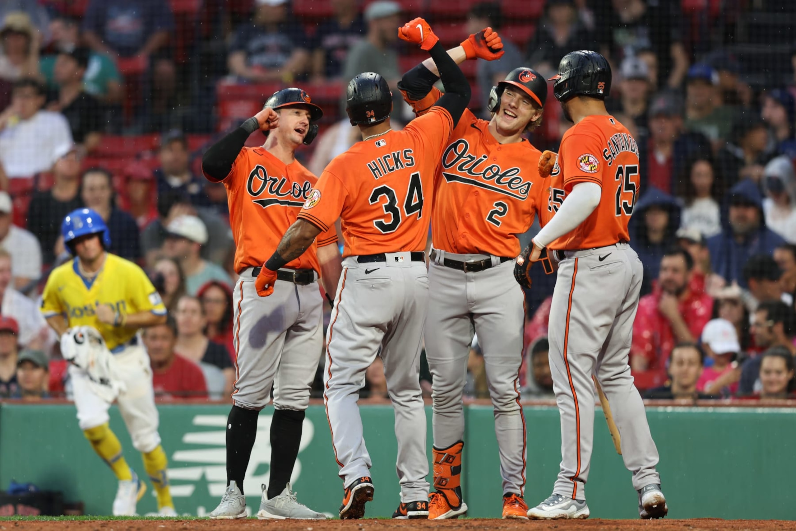 BOSTON, MA - SEPTEMBER 09:   Aaron Hicks #34 of the Baltimore Orioles celebrates with Gunnar Henderson #2 after hitting a three-run home run in the third inning during the game between the Baltimore Orioles and the Boston Red Sox at Fenway Park on Saturday, September 9, 2023 in Boston, Massachusetts. (Photo by Adam Glanzman/MLB Photos via Getty Images)