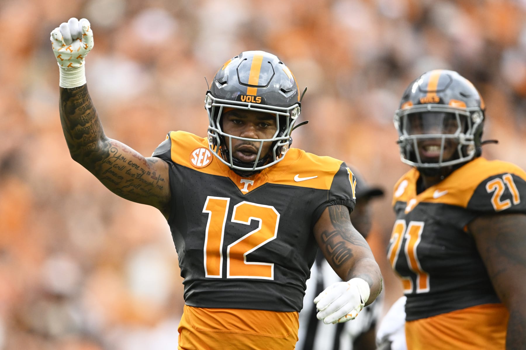 KNOXVILLE, TENNESSEE - SEPTEMBER 09: Tamarion McDonald #12 of the Tennessee Volunteers celebrates his tackle against the Austin Peay Governors in the first quarter at Neyland Stadium on September 09, 2023 in Knoxville, Tennessee. (Photo by Eakin Howard/Getty Images)