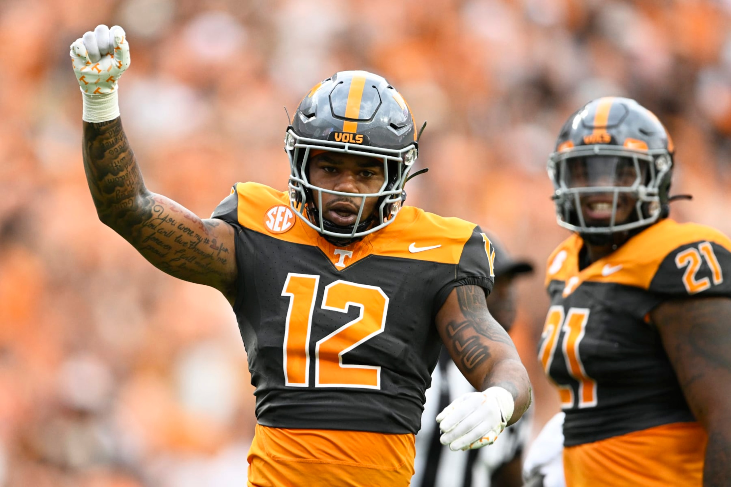 KNOXVILLE, TENNESSEE - SEPTEMBER 09: Tamarion McDonald #12 of the Tennessee Volunteers celebrates his tackle against the Austin Peay Governors in the first quarter at Neyland Stadium on September 09, 2023 in Knoxville, Tennessee. (Photo by Eakin Howard/Getty Images)
