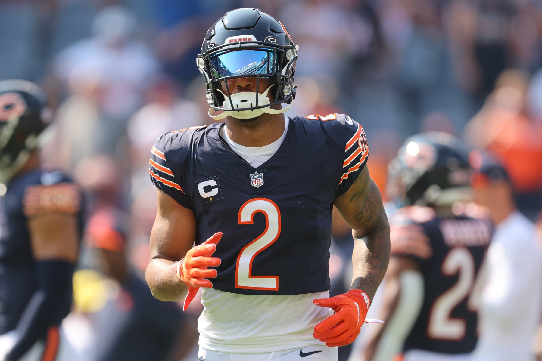 CHICAGO, ILLINOIS - SEPTEMBER 10:  DJ Moore #2 of the Chicago Bears warms up prior to the game against the Green Bay Packers at Soldier Field on September 10, 2023 in Chicago, Illinois. (Photo by Michael Reaves/Getty Images)