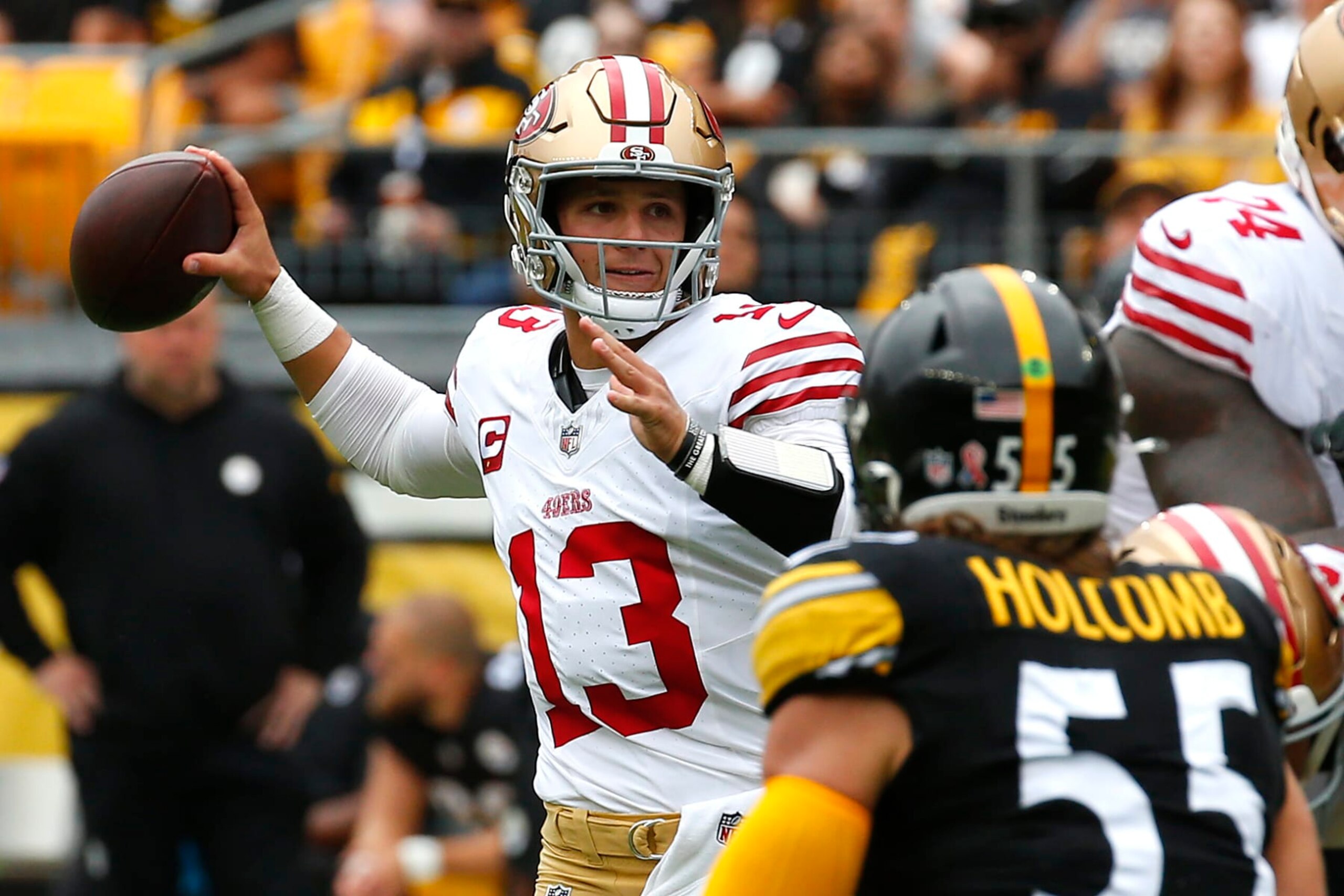 PITTSBURGH, PENNSYLVANIA - SEPTEMBER 10: Brock Purdy #13 of the San Francisco 49ers throws a pass in the first quarter against the Pittsburgh Steelers at Acrisure Stadium on September 10, 2023 in Pittsburgh, Pennsylvania. (Photo by Justin K. Aller/Getty Images)