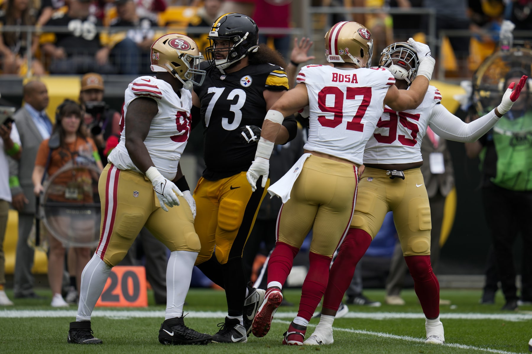 San Francisco 49ers defensive end Drake Jackson (95) celebrates after sacking Pittsburgh Steelers quarterback Kenny Pickett during the first half of an NFL football game Sunday, Sept. 10, 2023, in Pittsburgh. (AP Photo/Gene J. Puskar)
