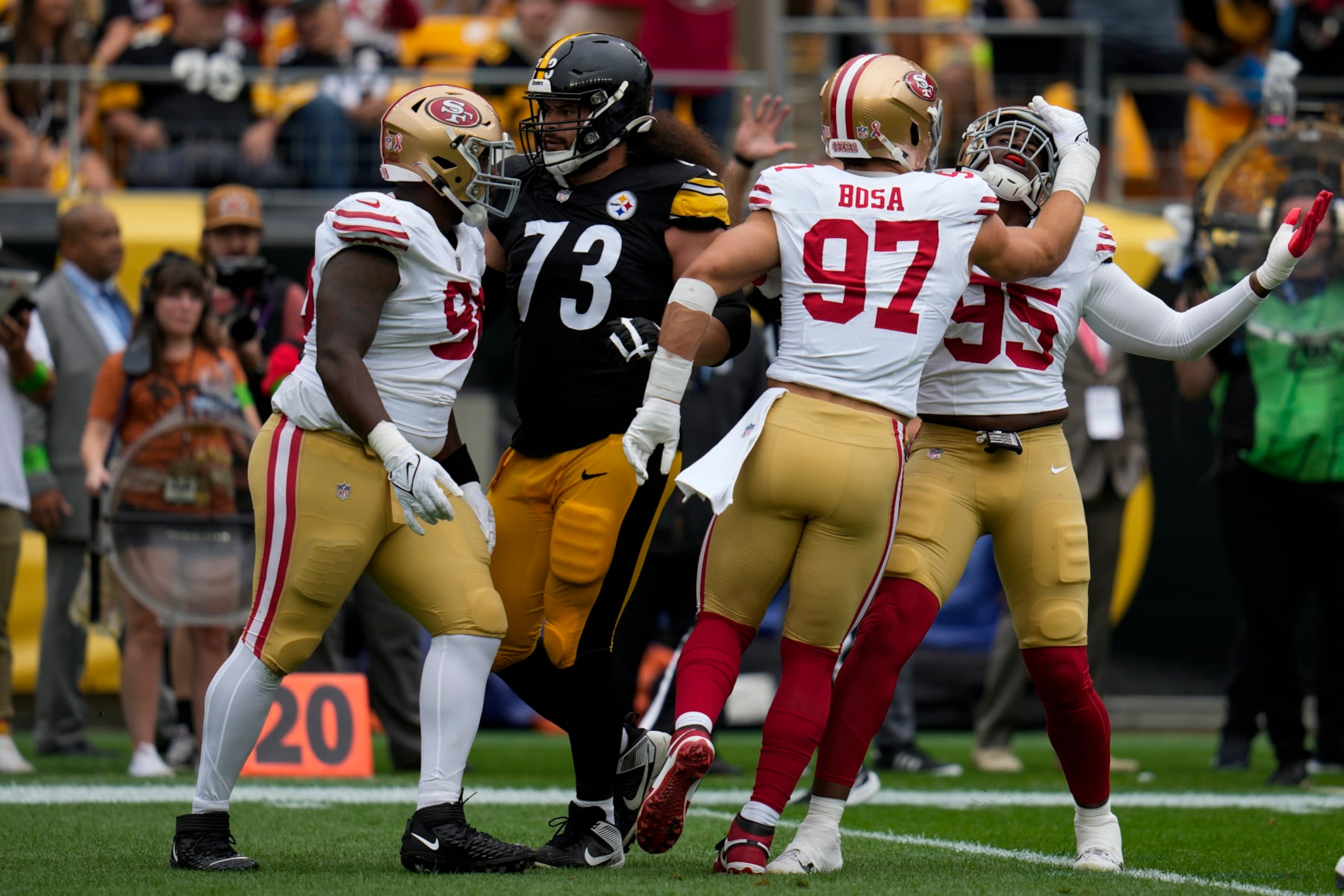 San Francisco 49ers defensive end Drake Jackson (95) celebrates after sacking Pittsburgh Steelers quarterback Kenny Pickett during the first half of an NFL football game Sunday, Sept. 10, 2023, in Pittsburgh. (AP Photo/Gene J. Puskar)