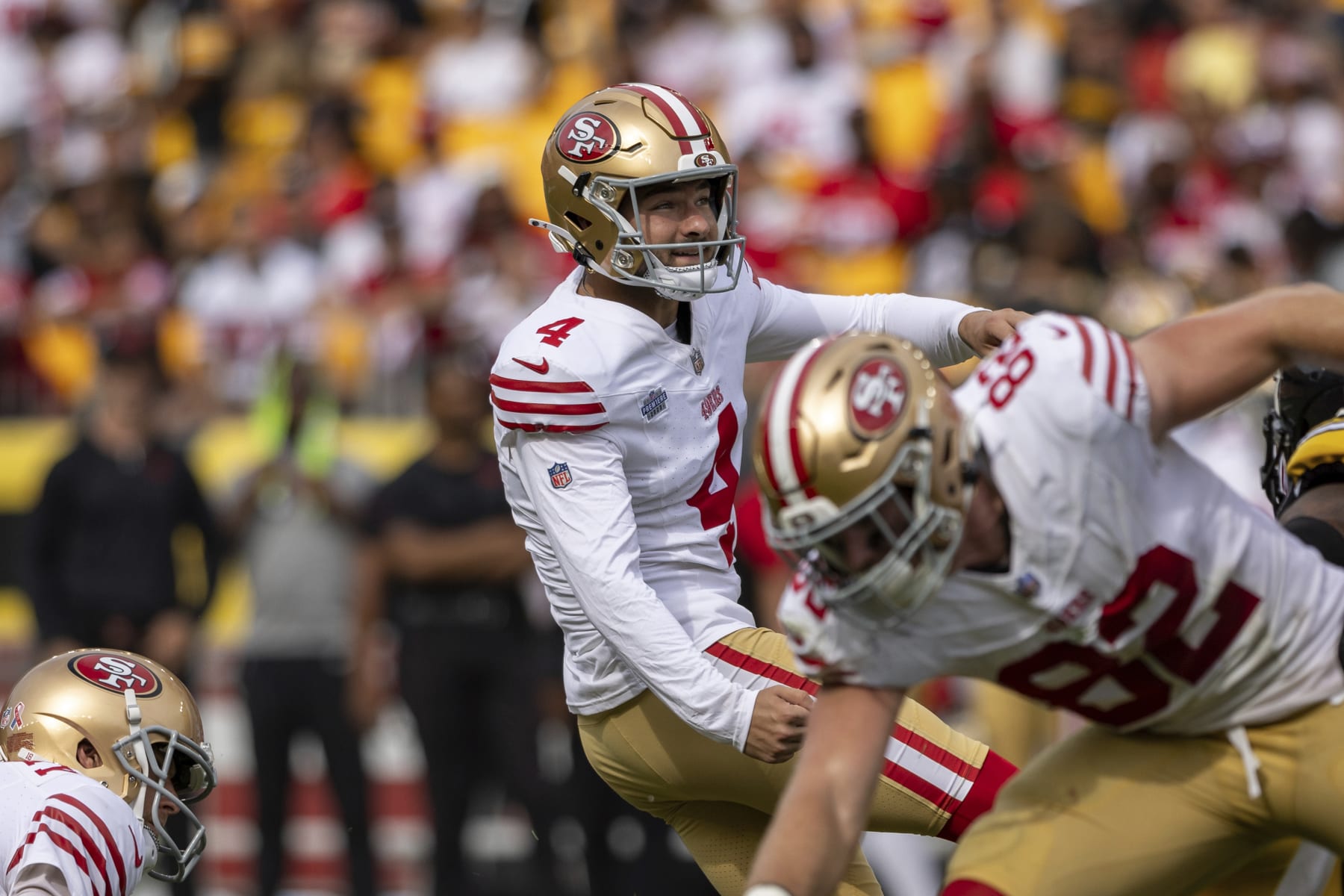 San Francisco 49ers place kicker Jake Moody (4) kicks a field goal during an NFL football game, Sunday, Sept. 10, 2023, in Pittsburgh. (AP Photo/Matt Durisko)