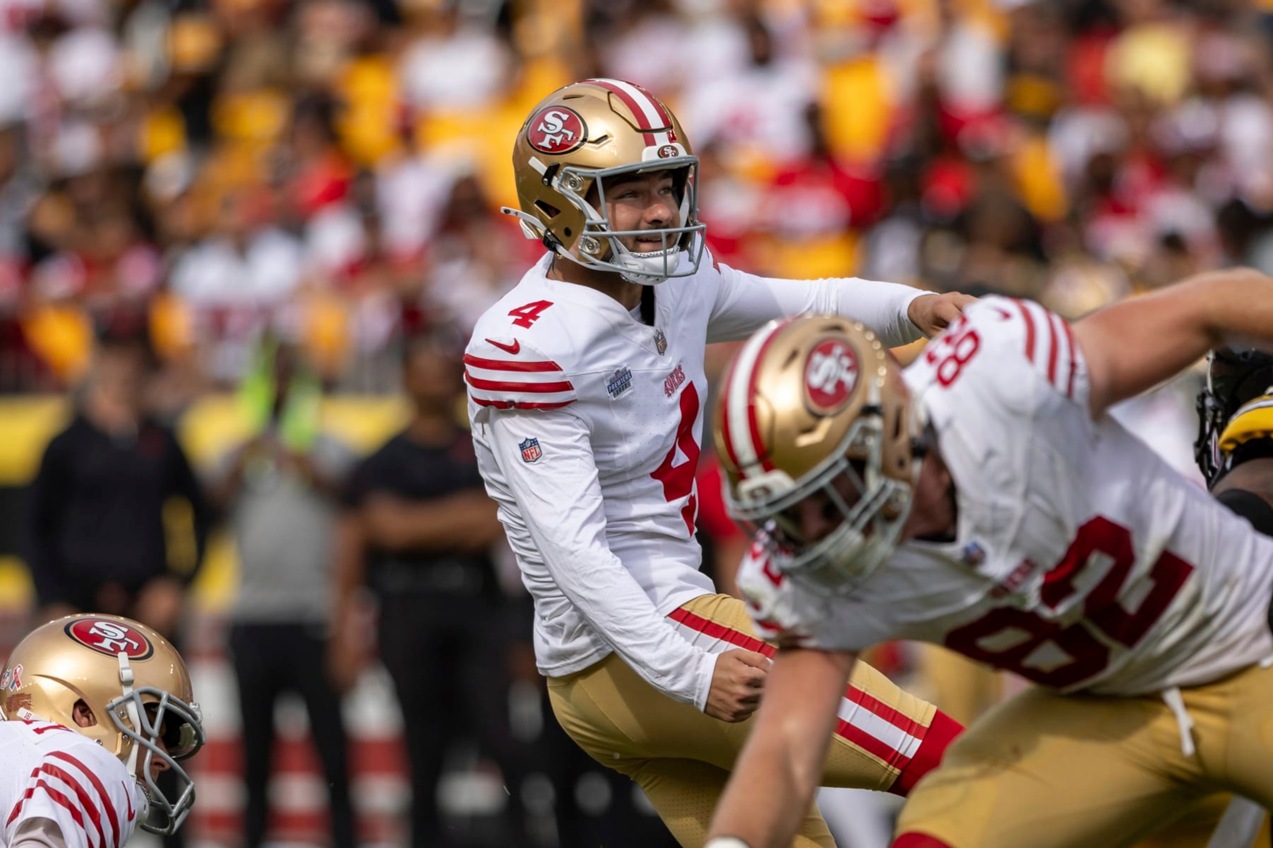 San Francisco 49ers place kicker Jake Moody (4) kicks a field goal during an NFL football game, Sunday, Sept. 10, 2023, in Pittsburgh. (AP Photo/Matt Durisko)