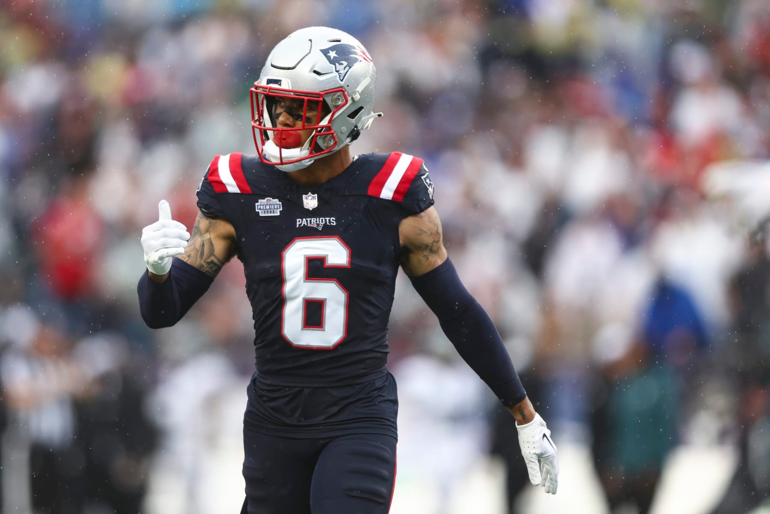 FOXBOROUGH, MA - SEPTEMBER 10: Christian Gonzalez #6 of the New England Patriots lines up before a play during the second quarter of an NFL football game against the Philadelphia Eagles at Gillette Stadium on September 10, 2023 in Foxborough, Massachusetts. (Photo by Kevin Sabitus/Getty Images)