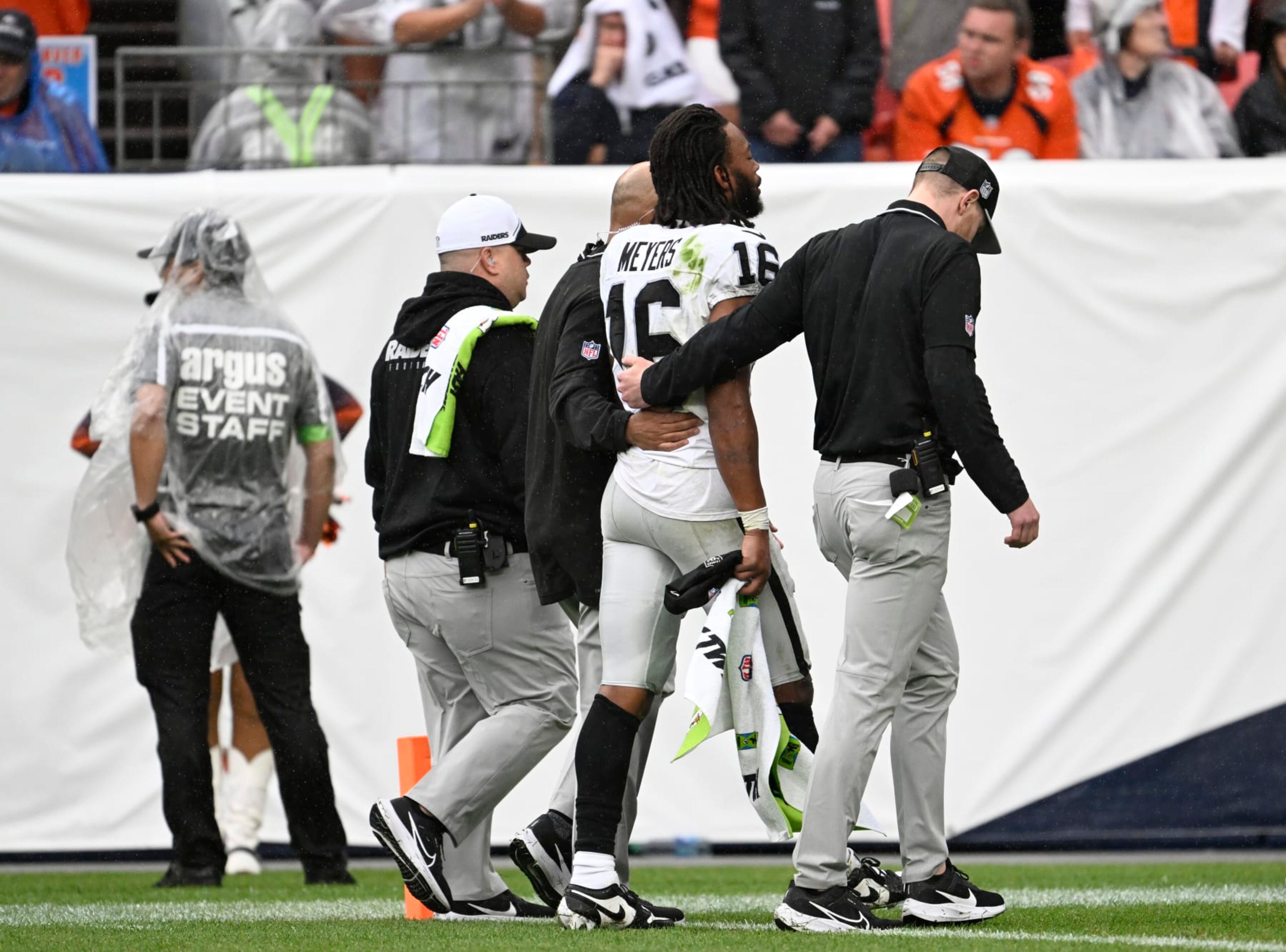 DENVER, COLORADO - AUGUST 10: Las Vegas Raiders wide receiver Jakobi Meyers (16) is helped off the field after getting hurt at Empower Field on September 10, 2023 in Denver, Colorado. The Denver Broncos under new head coach Sean Payton lost 17 to 16 to divisional opponents the Las Vegas Raiders to start the 2023 NFL regular season. (Photo by RJ Sangosti/MediaNews Group/The Denver Post via Getty Images)