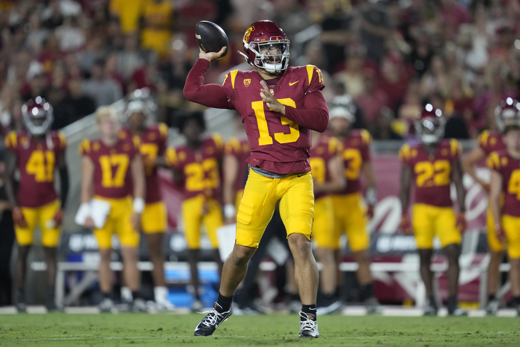 Southern California quarterback Caleb Williams (13) throws during the first half of an NCAA college football game against Stanford in Los Angeles, Saturday, Sept. 9, 2023. (AP Photo/Ashley Landis)