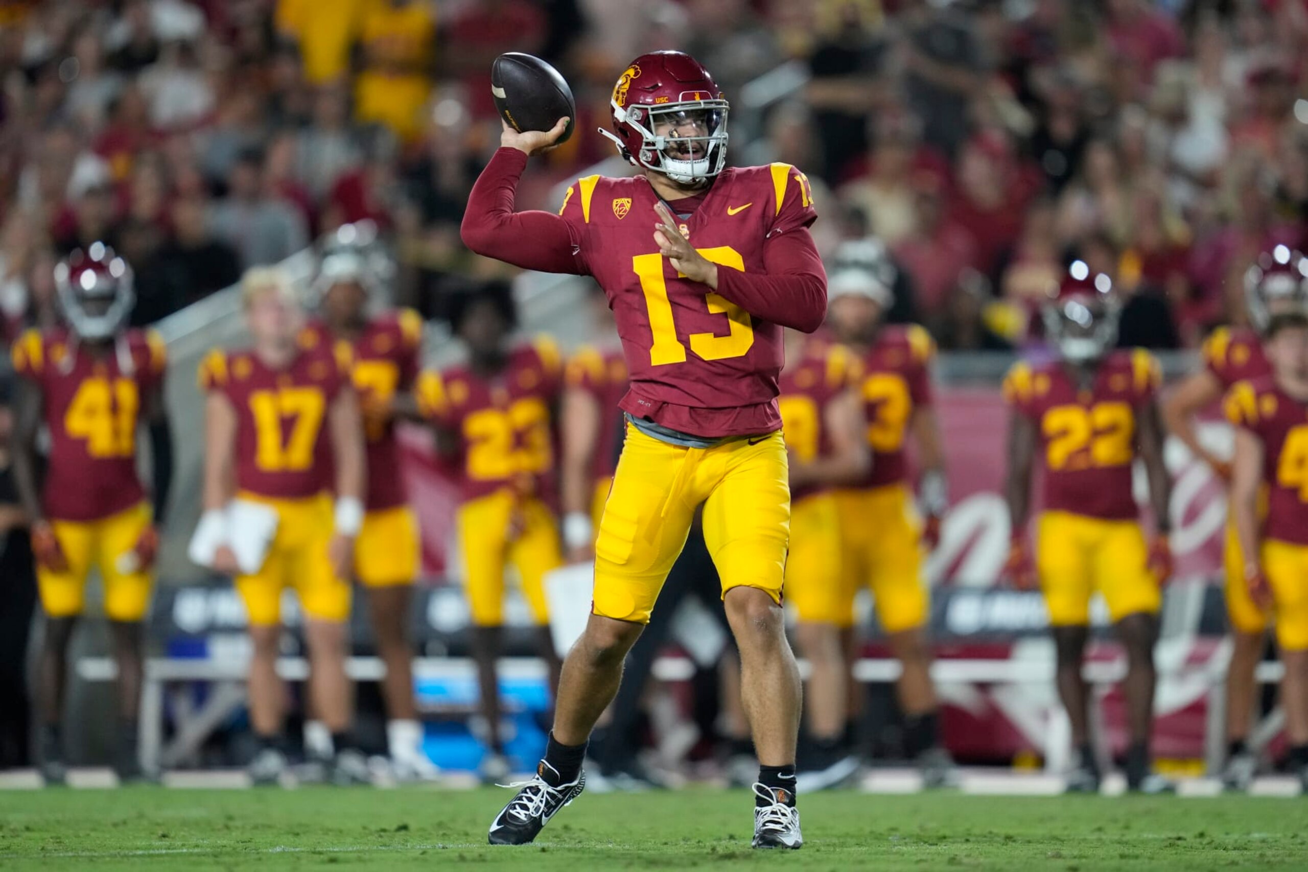 Southern California quarterback Caleb Williams (13) throws during the first half of an NCAA college football game against Stanford in Los Angeles, Saturday, Sept. 9, 2023. (AP Photo/Ashley Landis)