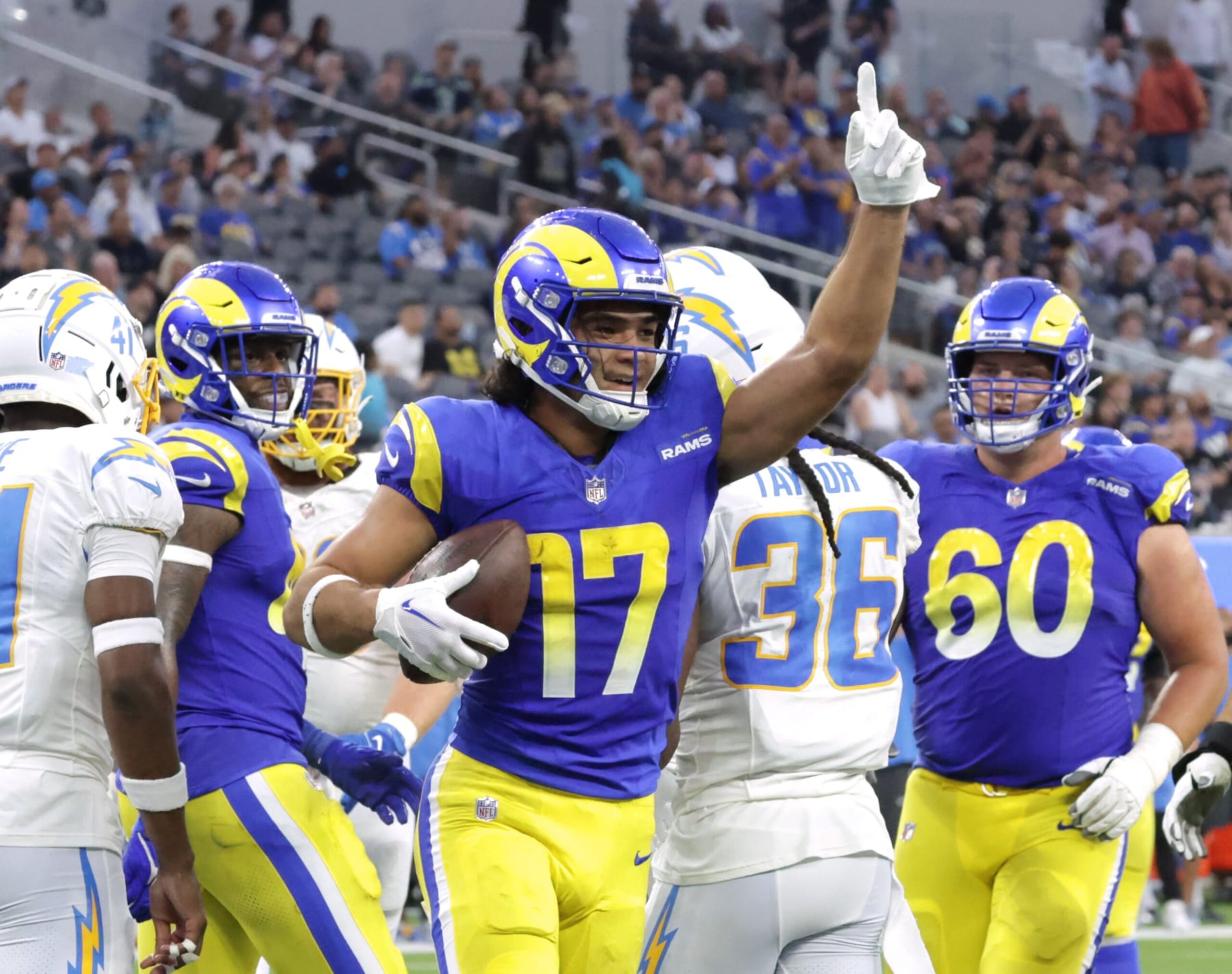 INGLEWOOD, CA - AUGUST 12: Rams wide receiver Puka Nacua scores in the second quarter during the Rams and Chargers preseason game at SoFi Stadium in Inglewood, CA on Saturday, Aug. 12, 2023. (Myung J. Chun / Los Angeles Times via Getty Images)