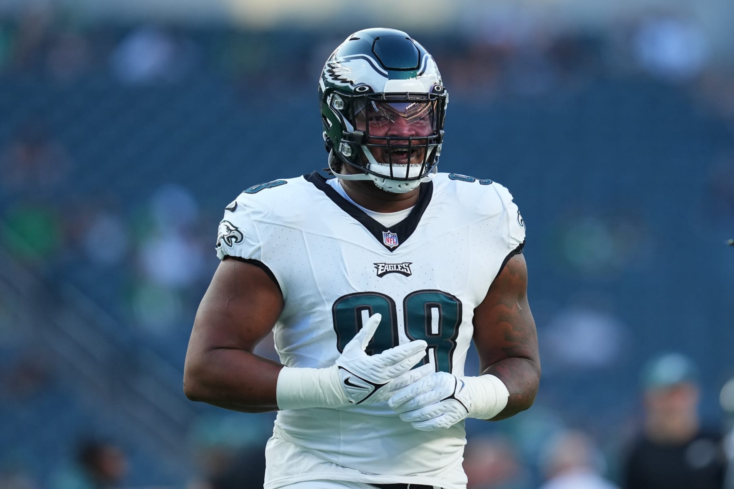 PHILADELPHIA, PENNSYLVANIA - AUGUST 17: Jalen Carter #98 of the Philadelphia Eagles looks on against the Cleveland Browns during the preseason game at Lincoln Financial Field on August 17, 2023 in Philadelphia, Pennsylvania. The Browns tied the Eagles 18-18. (Photo by Mitchell Leff/Getty Images)