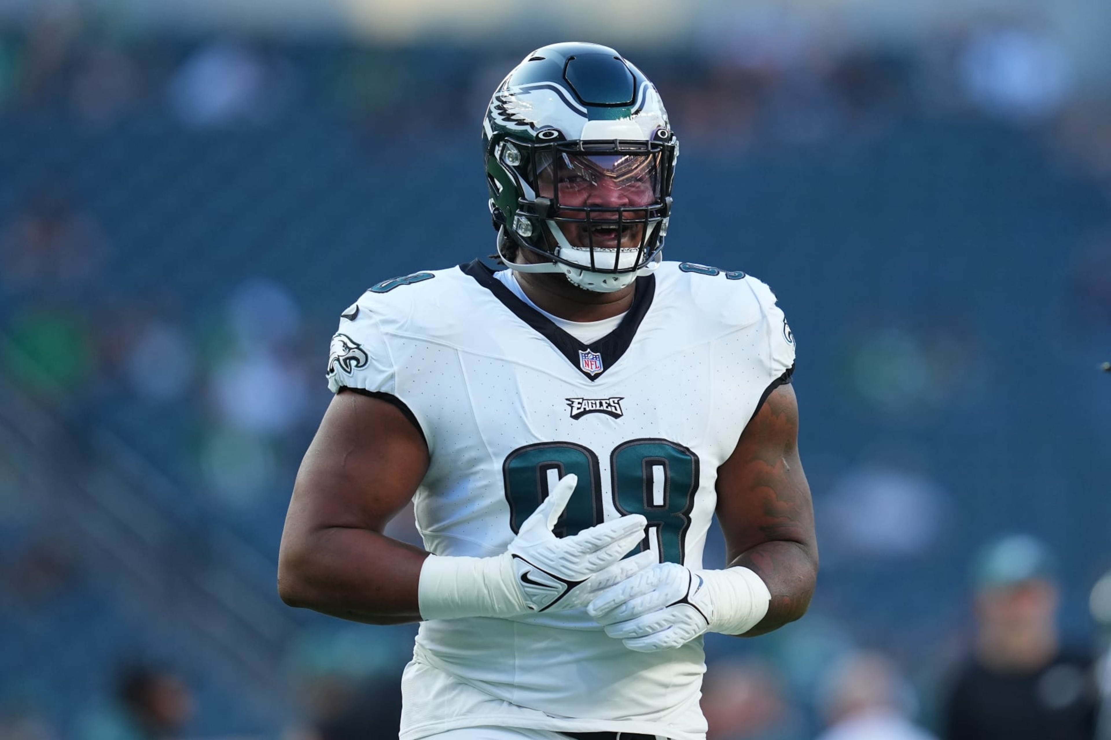 PHILADELPHIA, PENNSYLVANIA - AUGUST 17: Jalen Carter #98 of the Philadelphia Eagles looks on against the Cleveland Browns during the preseason game at Lincoln Financial Field on August 17, 2023 in Philadelphia, Pennsylvania. The Browns tied the Eagles 18-18. (Photo by Mitchell Leff/Getty Images)
