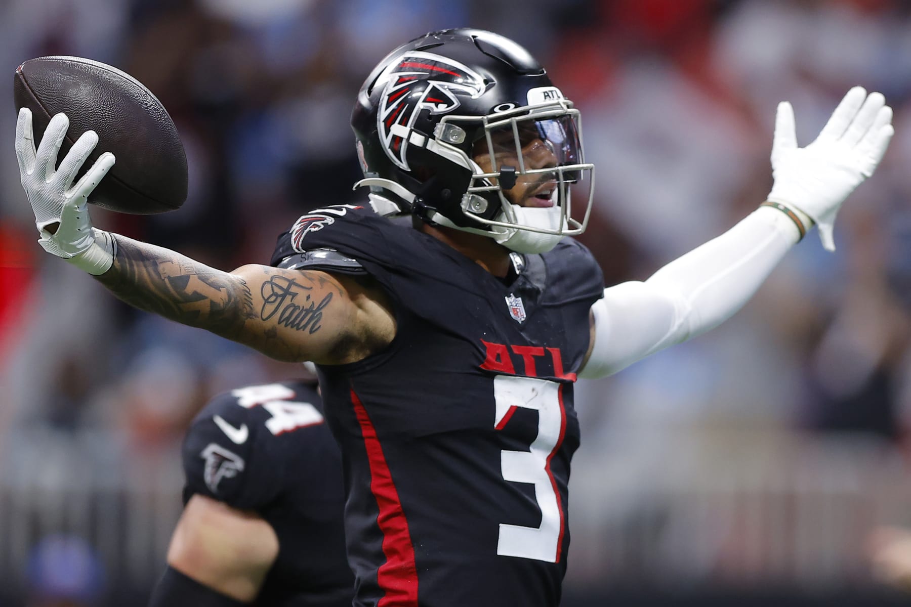 ATLANTA, GEORGIA - SEPTEMBER 10: Jessie Bates III #3 of the Atlanta Falcons reacts after intercepting a pass during the first quarter against the Carolina Panthers at Mercedes-Benz Stadium on September 10, 2023 in Atlanta, Georgia. (Photo by Todd Kirkland/Getty Images)