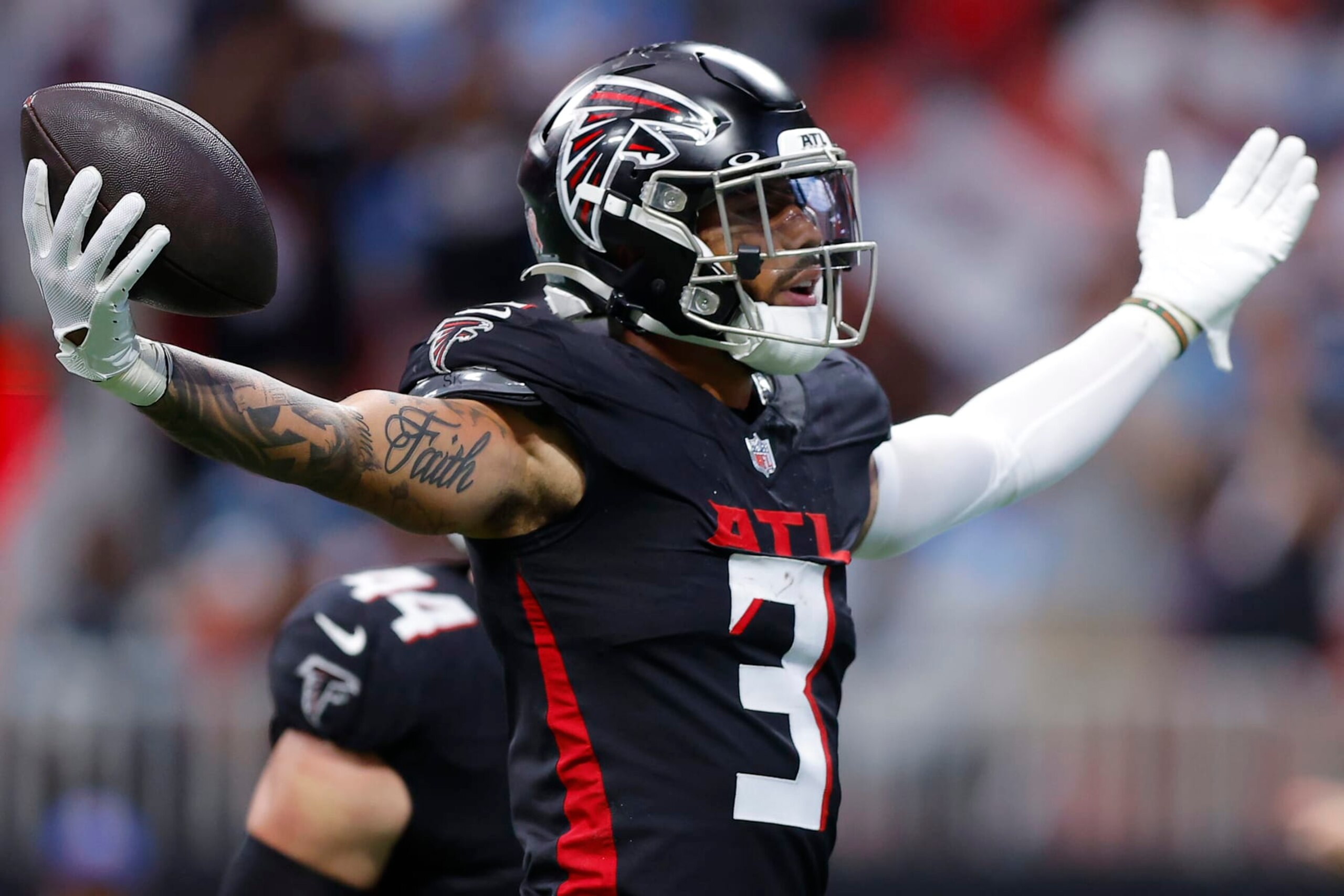 ATLANTA, GEORGIA - SEPTEMBER 10: Jessie Bates III #3 of the Atlanta Falcons reacts after intercepting a pass during the first quarter against the Carolina Panthers at Mercedes-Benz Stadium on September 10, 2023 in Atlanta, Georgia. (Photo by Todd Kirkland/Getty Images)