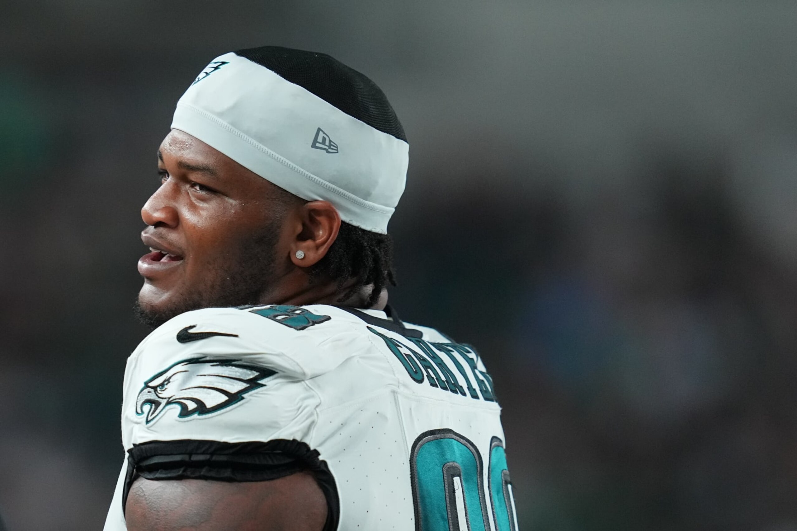 PHILADELPHIA, PENNSYLVANIA - AUGUST 17: Jalen Carter #98 of the Philadelphia Eagles looks on against the Cleveland Browns during the preseason game at Lincoln Financial Field on August 17, 2023 in Philadelphia, Pennsylvania. The Browns tied the Eagles 18-18. (Photo by Mitchell Leff/Getty Images)