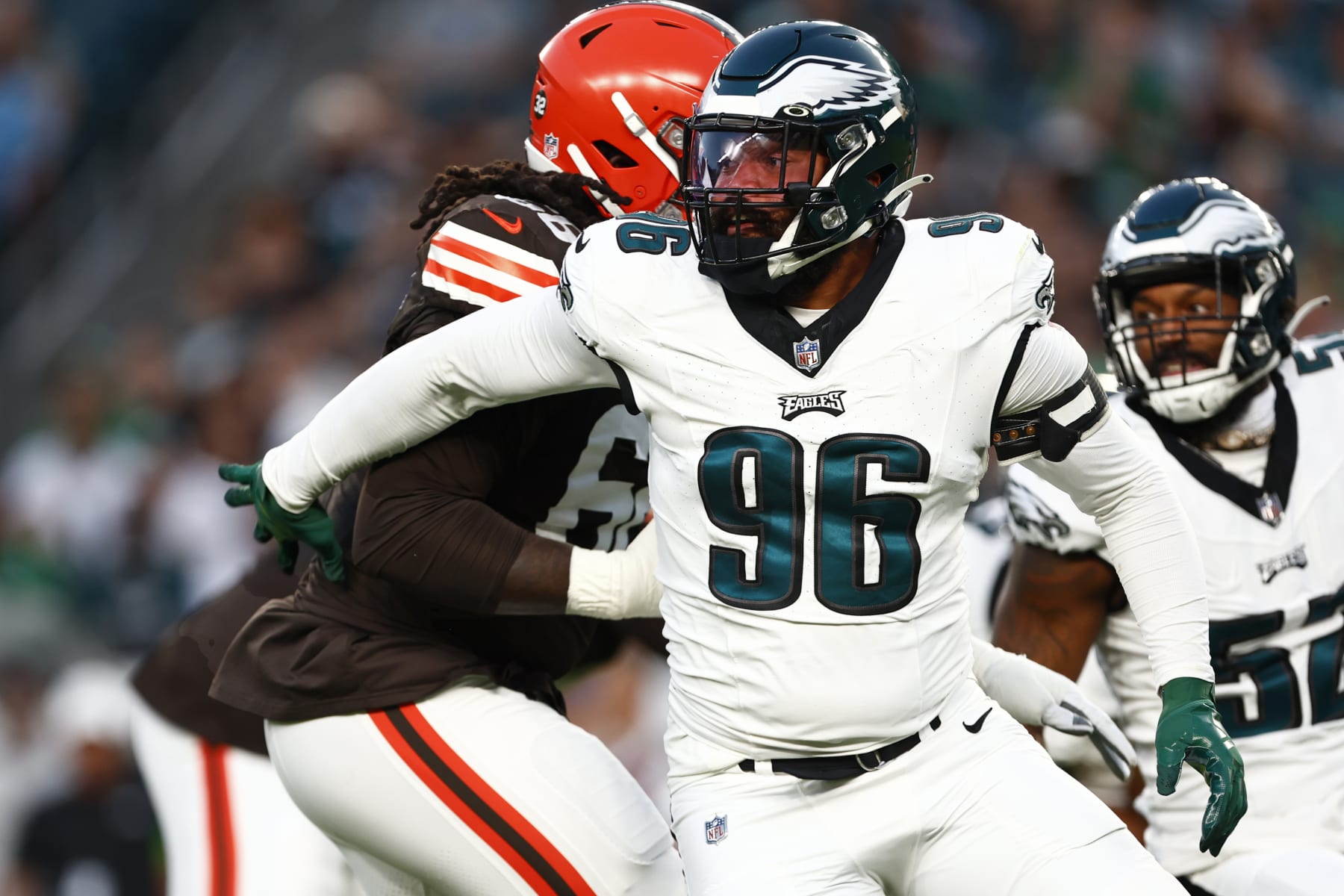 Philadelphia Eagles defensive end Derek Barnett (96) in action against the Cleveland Browns during an NFL pre-season football game, Thursday, Aug. 17, 2023, in Philadelphia. (AP Photo/Rich Schultz)