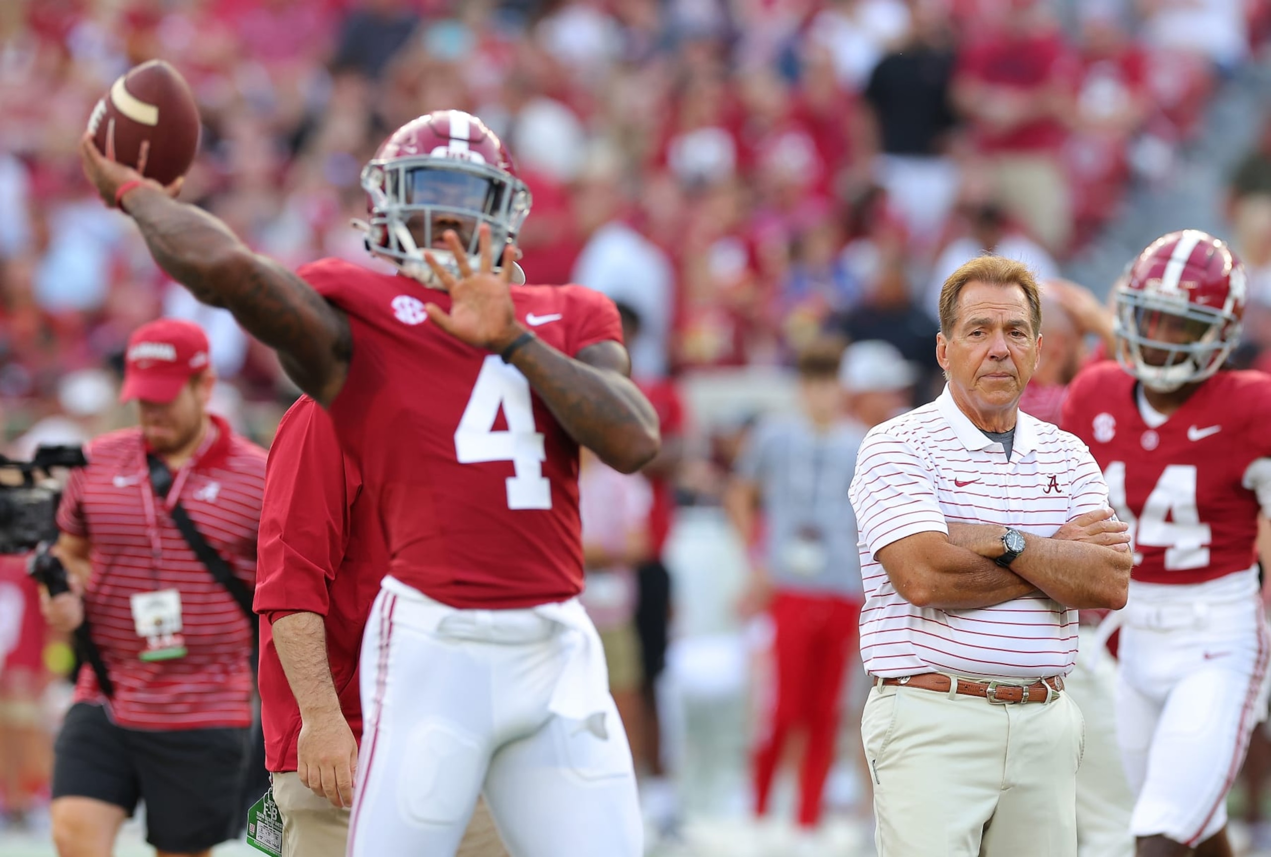 TUSCALOOSA, ALABAMA - SEPTEMBER 02: Head coach Nick Saban of the Alabama Crimson Tide looks on as Jalen Milroe #4 of the Alabama Crimson Tide warms up prior to facing the Middle Tennessee Blue Raiders at Bryant-Denny Stadium on September 02, 2023 in Tuscaloosa, Alabama. (Photo by Kevin C. Cox/Getty Images) TUSCALOOSA, ALABAMA - SEPTEMBER 02: Head coach Nick Saban of the Alabama Crimson Tide looks on as Jalen Milroe #4 of the Alabama Crimson Tide warms up prior to facing the Middle Tennessee Blue Raiders at Bryant-Denny Stadium on September 02, 2023 in Tuscaloosa, Alabama. (Photo by Kevin C. Cox/Getty Images)