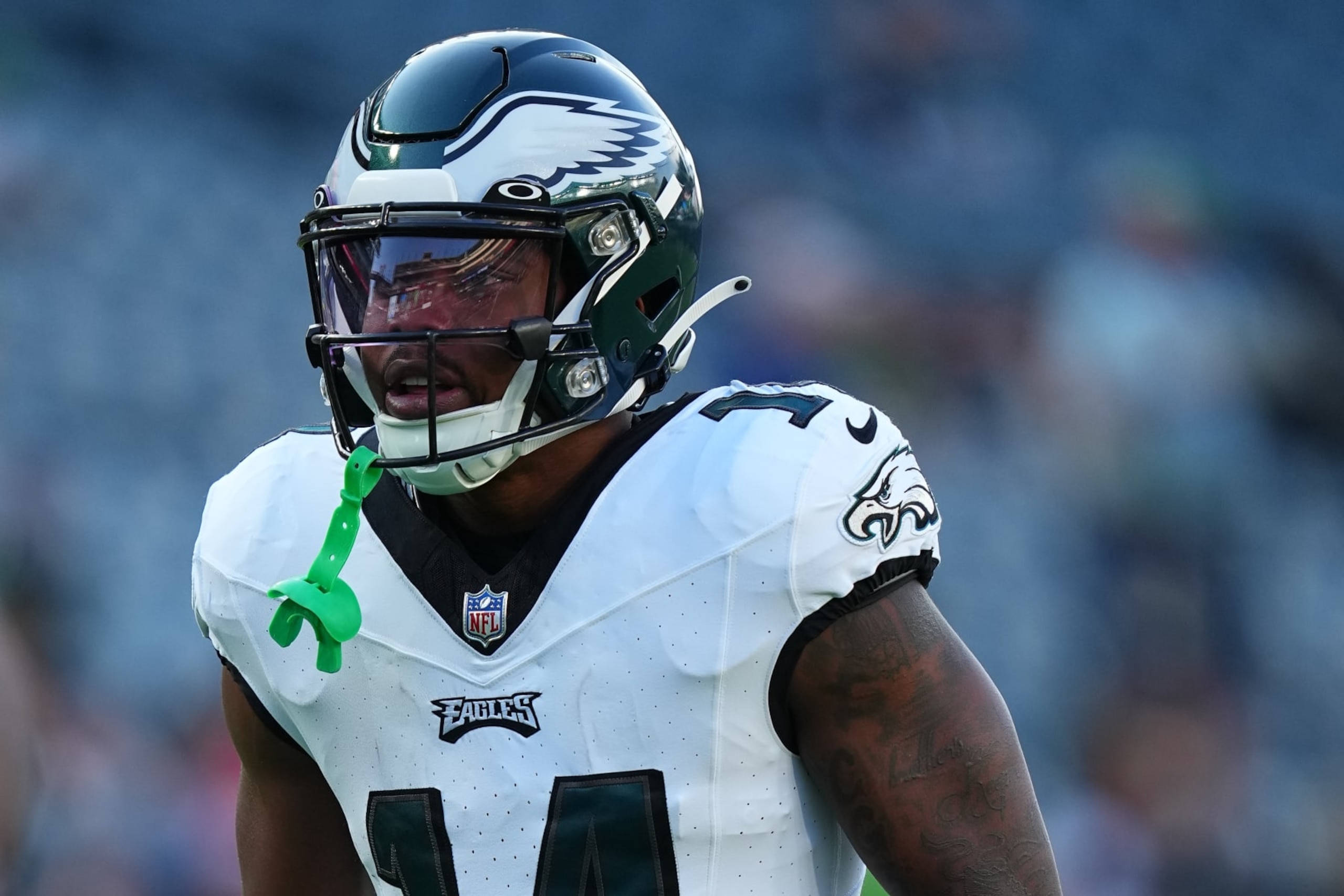 PHILADELPHIA, PENNSYLVANIA - AUGUST 17: Kenneth Gainwell #14 of the Philadelphia Eagles looks on against the Cleveland Browns during the preseason game at Lincoln Financial Field on August 17, 2023 in Philadelphia, Pennsylvania. The Browns tied the Eagles 18-18. (Photo by Mitchell Leff/Getty Images)