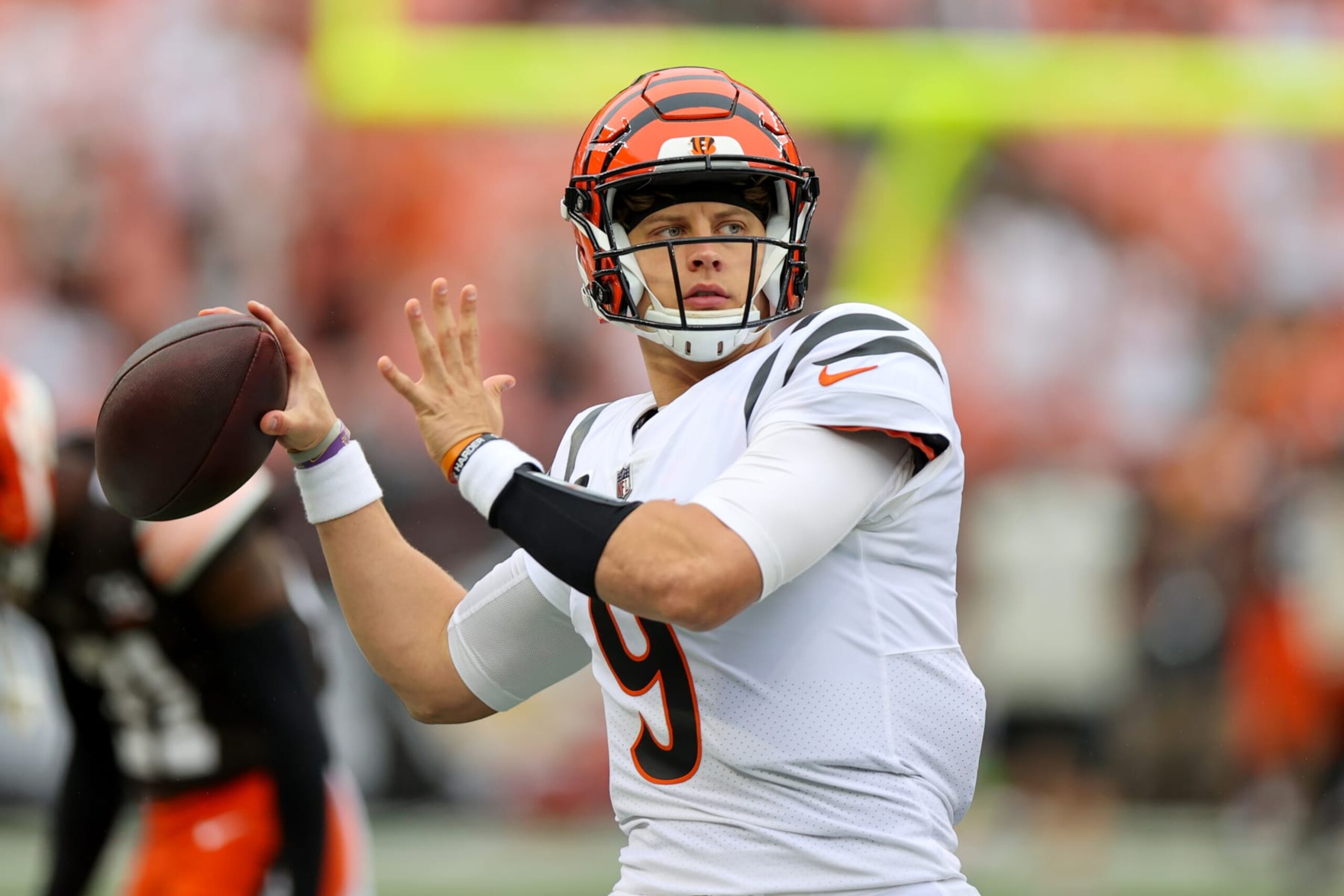 CLEVELAND, OH - SEPTEMBER 10: Cincinnati Bengals quarterback Joe Burrow (9) on the field prior to the National Football League game between the Cincinnati Bengals and Cleveland Browns on September 10, 2023, at Cleveland Browns Stadium in Cleveland, OH. (Photo by Frank Jansky/Icon Sportswire via Getty Images)