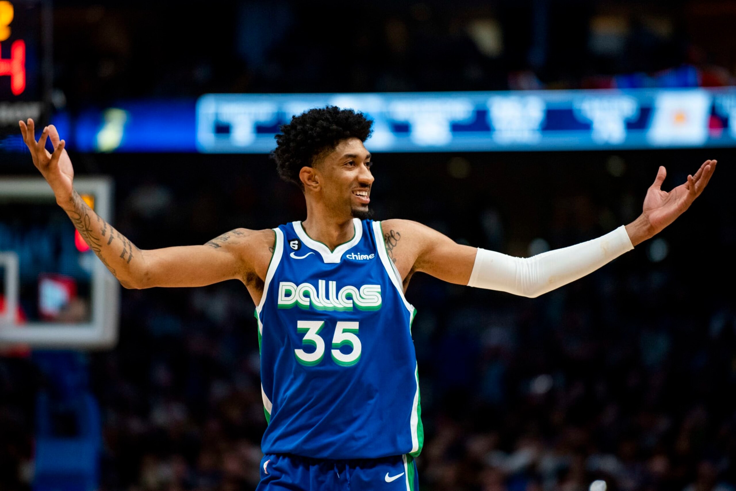 Dallas Mavericks forward Christian Wood (35) gestures to the crowd after scoring in the second half of an NBA basketball game against the Los Angeles Lakers in Dallas, Sunday, Dec. 25, 2022. (AP Photo/Emil T. Lippe) Dallas Mavericks forward Christian Wood (35) gestures to the crowd after scoring in the second half of an NBA basketball game against the Los Angeles Lakers in Dallas, Sunday, Dec. 25, 2022. (AP Photo/Emil T. Lippe)