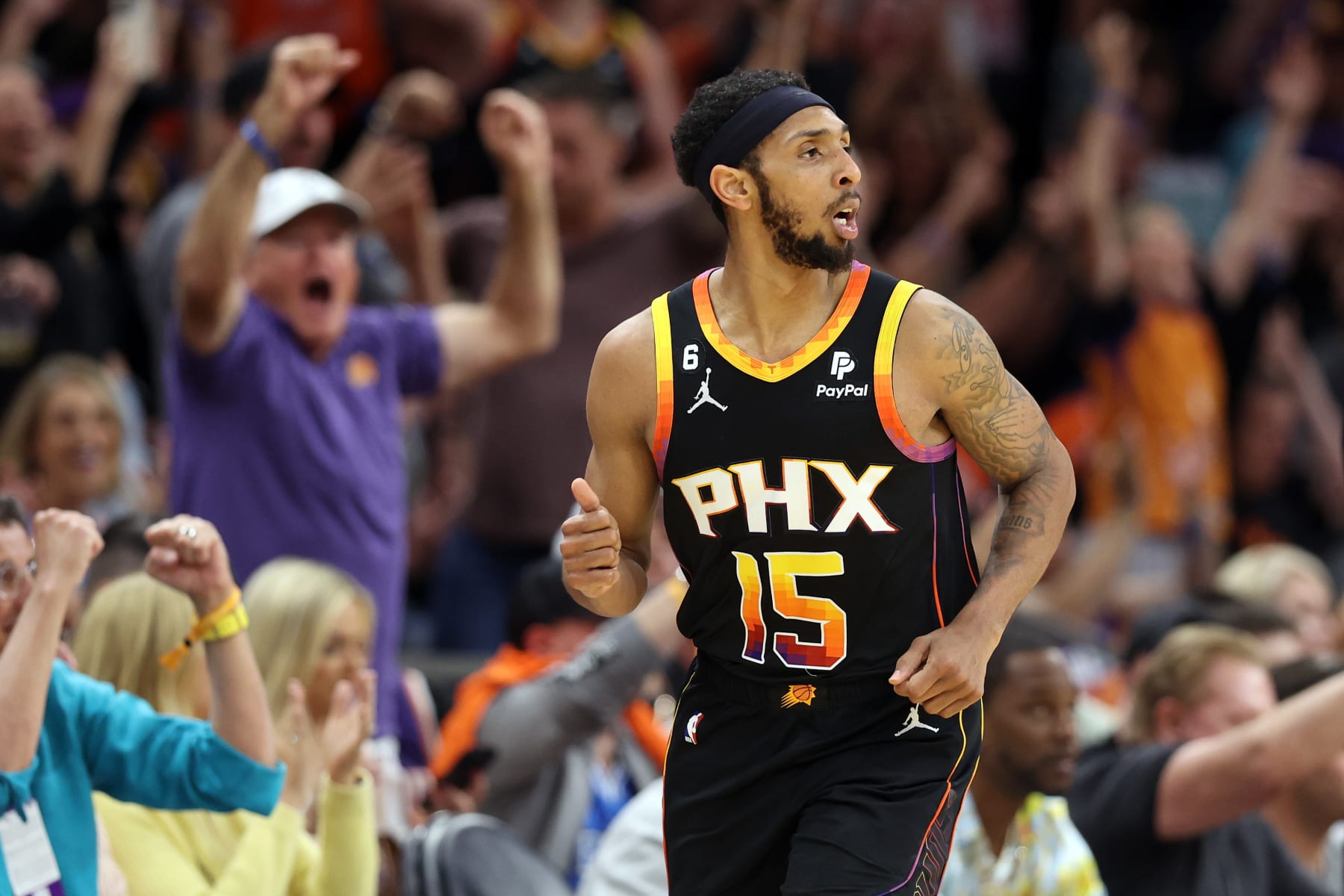 PHOENIX, ARIZONA - MAY 11: Cameron Payne #15 of the Phoenix Suns reacts during the first quarter against the Denver Nuggets in game six of the Western Conference Semifinal Playoffs at Footprint Center on May 11, 2023 in Phoenix, Arizona. NOTE TO USER: User expressly acknowledges and agrees that, by downloading and or using this photograph, User is consenting to the terms and conditions of the Getty Images License Agreement. (Photo by Christian Petersen/Getty Images)