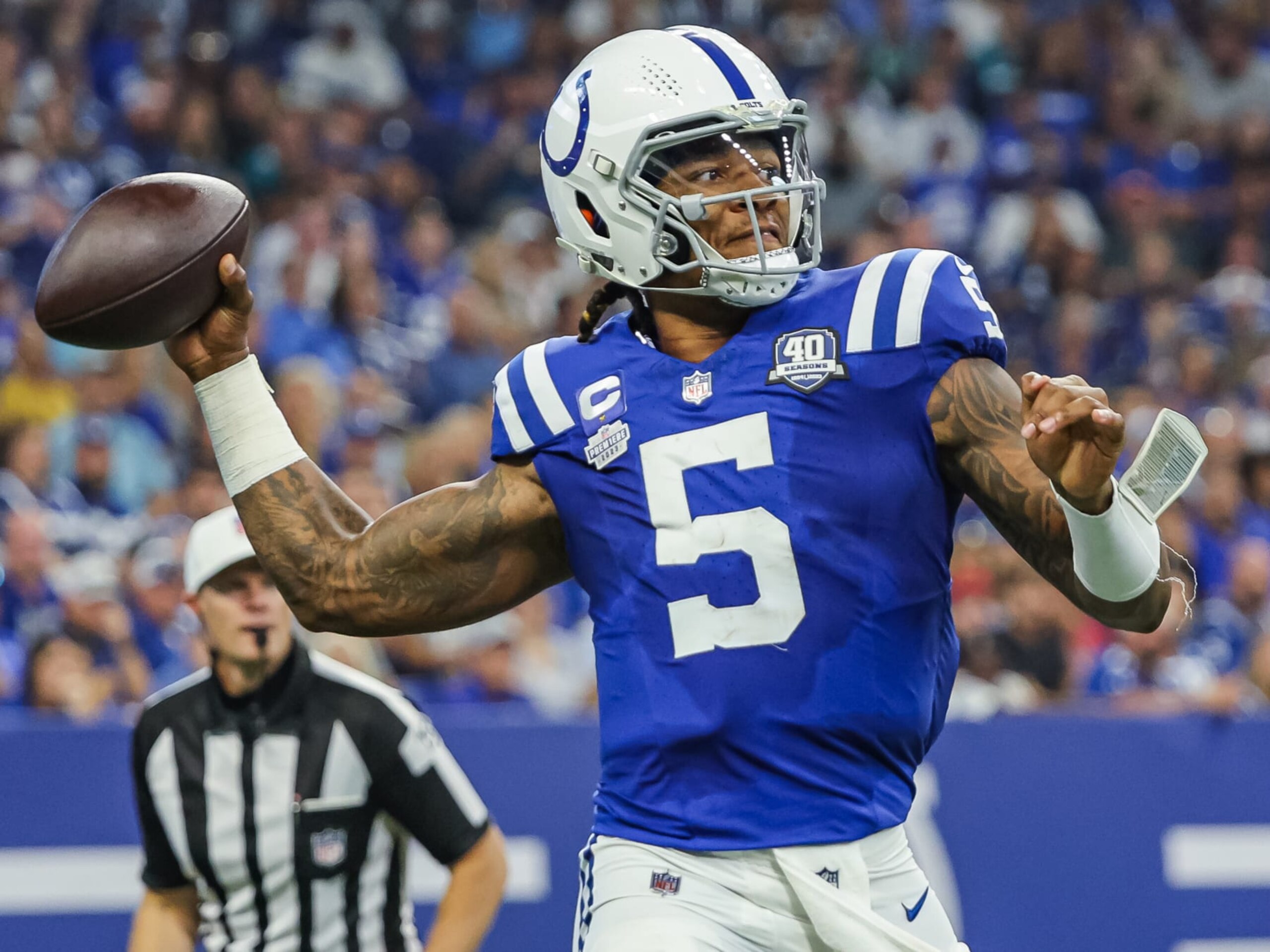 INDIANAPOLIS, INDIANA - SEPTEMBER 10: Anthony Richardson #5 of the Indianapolis Colts throws the ball during the game against the Jacksonville Jaguars at Lucas Oil Stadium on September 10, 2023 in Indianapolis, Indiana. (Photo by Michael Hickey/Getty Images)