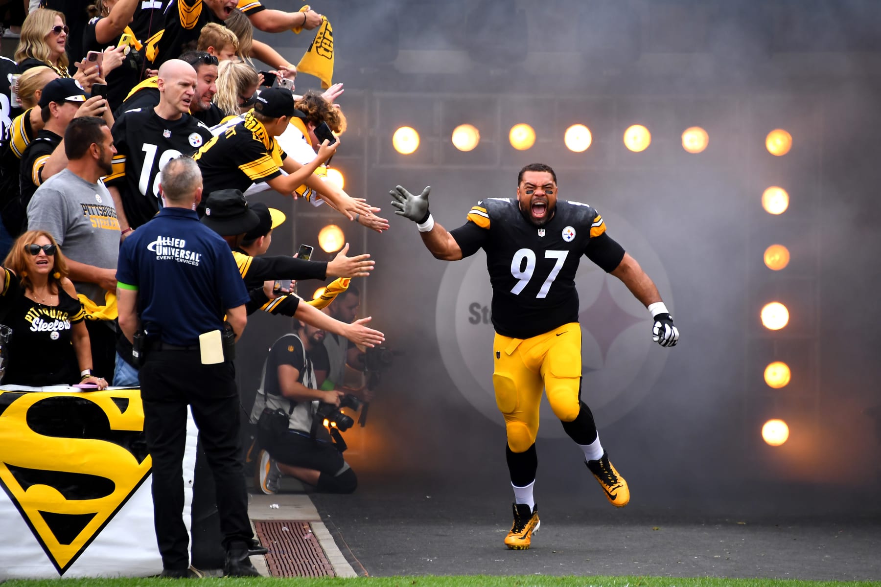 PITTSBURGH, PENNSYLVANIA - SEPTEMBER 10: Cameron Heyward #97 of the Pittsburgh Steelers is introduced prior to a game against the San Francisco 49ers at Acrisure Stadium on September 10, 2023 in Pittsburgh, Pennsylvania. (Photo by Joe Sargent/Getty Images)
