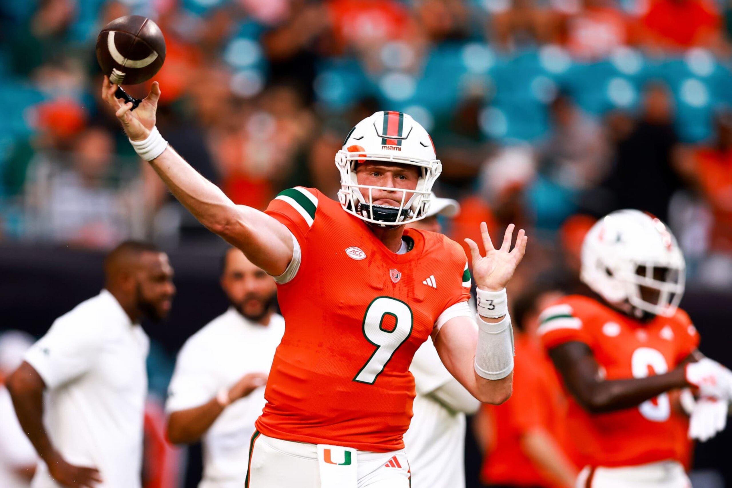 MIAMI GARDENS, FLORIDA - SEPTEMBER 01: Tyler Van Dyke #9 of the Miami Hurricanes warms up prior to a game against the Miami (Oh) Redhawks at Hard Rock Stadium on September 01, 2023 in Miami Gardens, Florida. (Photo by Megan Briggs/Getty Images)