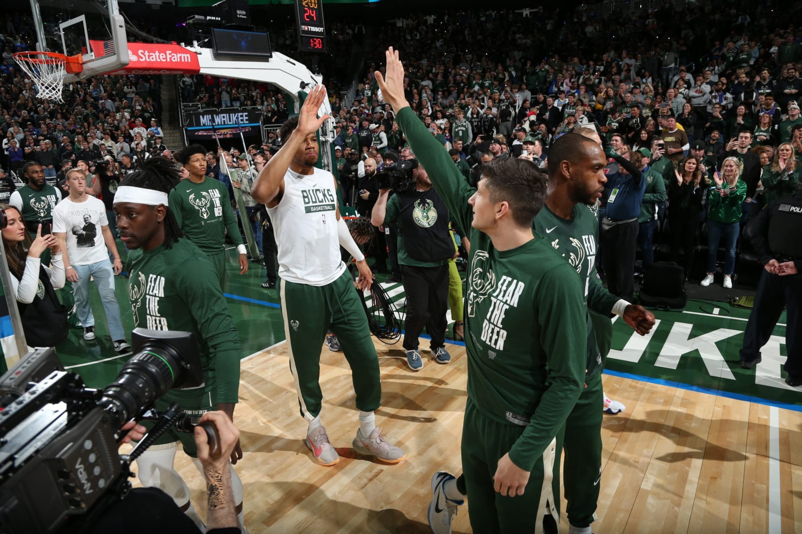MILWAUKEE, WI - APRIL 26: Giannis Antetokounmpo #34 of the Milwaukee Bucks is introduced before Round One Game Five of the 2023 NBA Playoffs on April 26, 2023 at the Fiserv Forum Center in Milwaukee, Wisconsin. NOTE TO USER: User expressly acknowledges and agrees that, by downloading and or using this Photograph, user is consenting to the terms and conditions of the Getty Images License Agreement. Mandatory Copyright Notice: Copyright 2023 NBAE (Photo by Gary Dineen/NBAE via Getty Images).