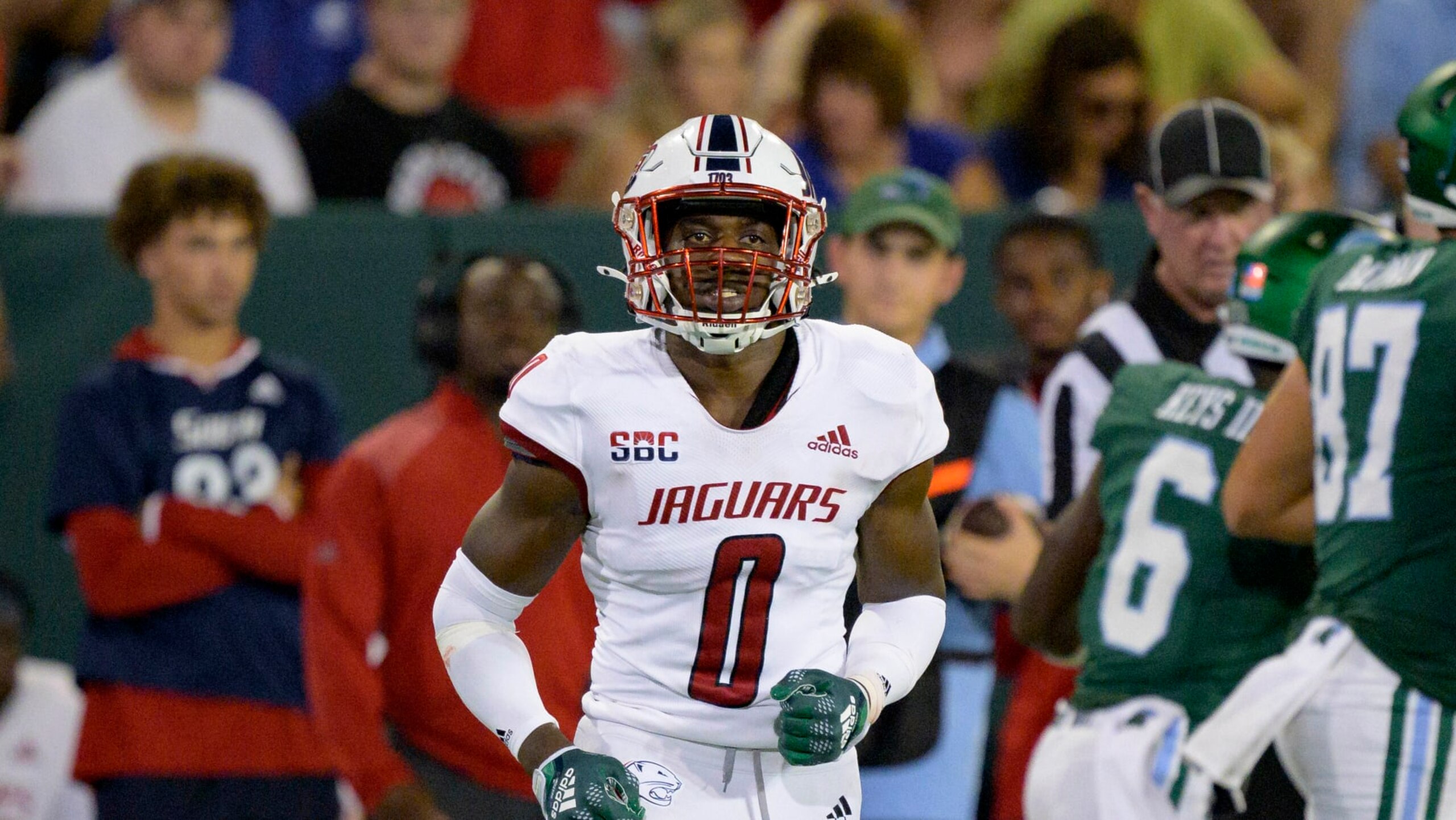 South Alabama safety Keith Gallmon Jr. (0) runs during an NCAA football game on Saturday, Sept. 2, 2023, in New Orleans. (AP Photo/Matthew Hinton)
