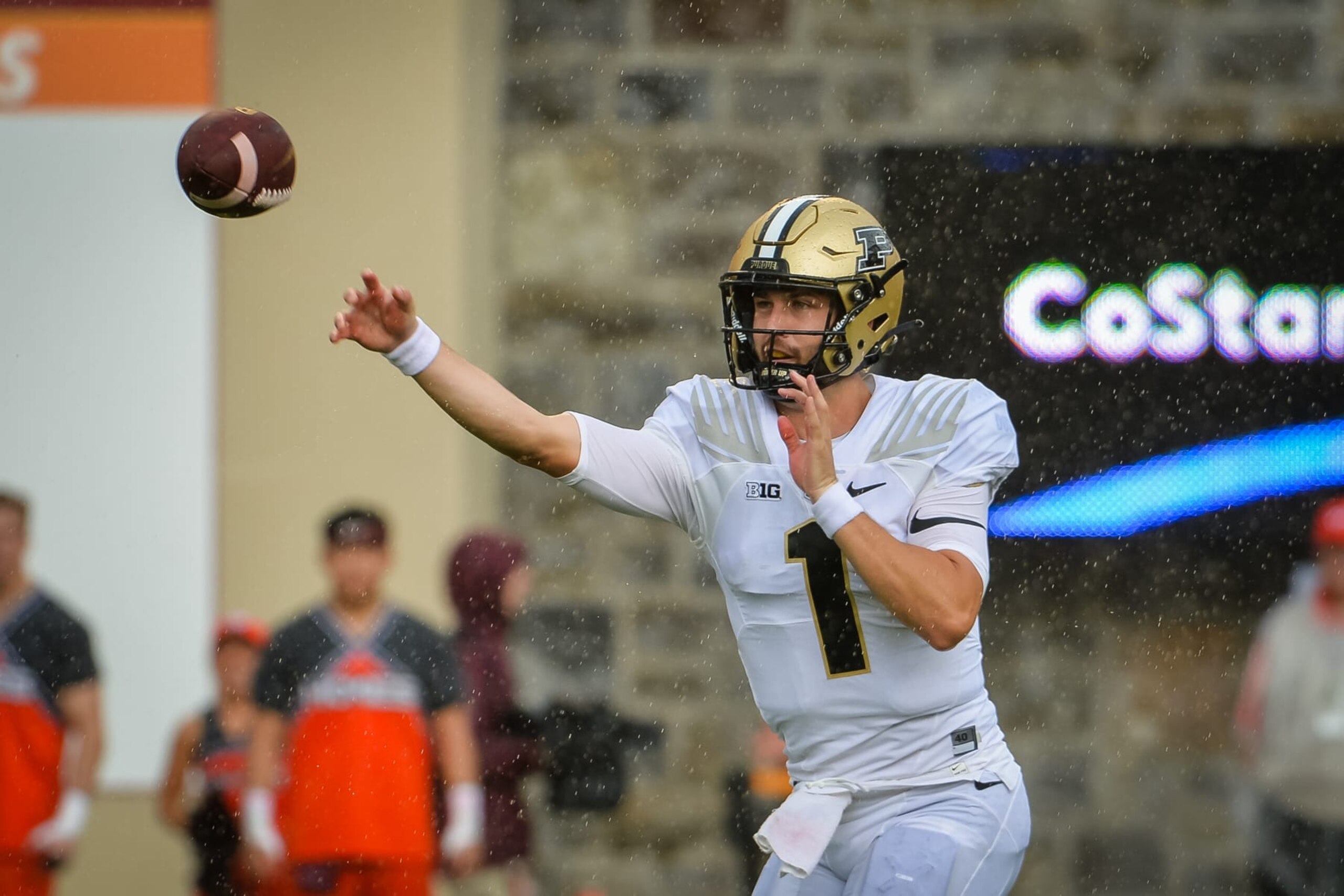 BLACKSBURG, VA - SEPTEMBER 09: Purdue Boilermakers quarterback Hudson Card (1) throws a pass during a college football game between the Purdue Boilermakers and the Virginia Tech Hokies on September 9, 2023, at Lane Stadium in Blacksburg, VA. (Photo by Brian Bishop/Icon Sportswire via Getty Images)