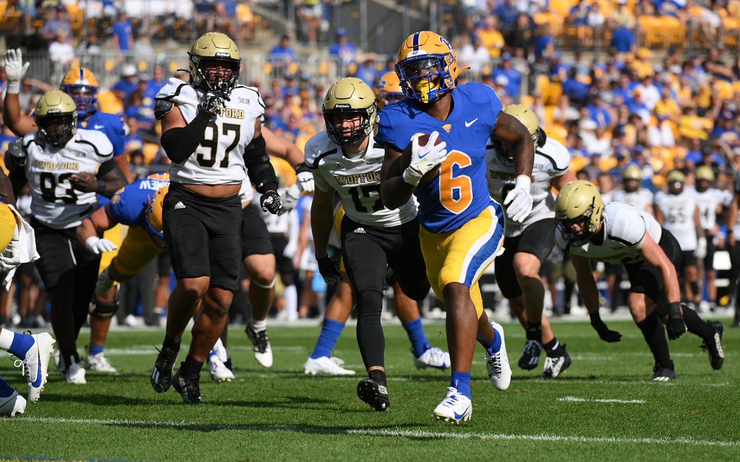 PITTSBURGH, PENNSYLVANIA - SEPTEMBER 2: Rodney Hammond Jr. #6 of the Pittsburgh Panthers runs into the end zone for a 3-yard rushing touchdown in the second quarter during the game against the Wofford Terriers at Acrisure Stadium on September 2, 2023 in Pittsburgh, Pennsylvania. (Photo by Justin Berl/Getty Images)