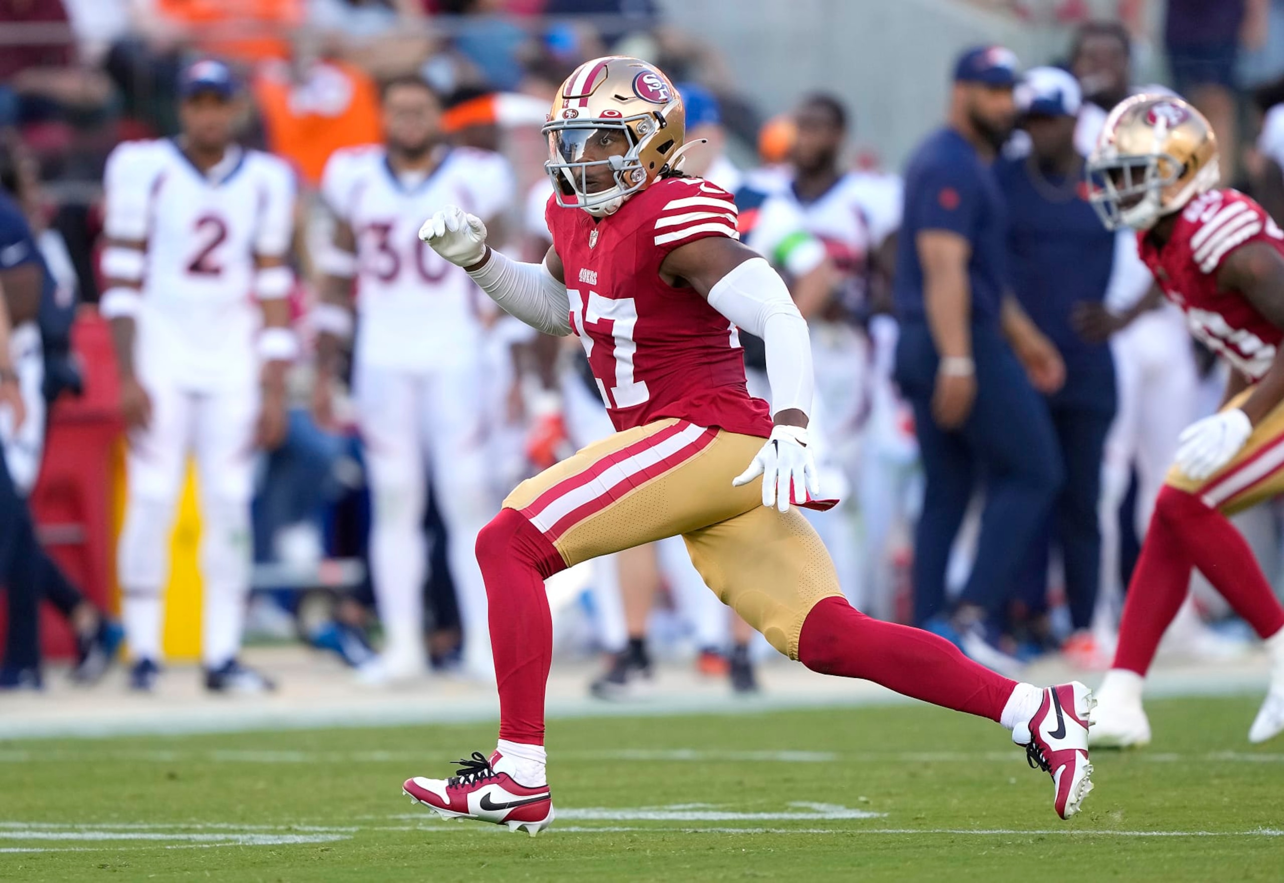 SANTA CLARA, CALIFORNIA - AUGUST 19: Ji'Ayir Brown #27 of the San Francisco 49ers pursues the play against the Denver Broncos in the second quarter at Levi's Stadium on August 19, 2023 in Santa Clara, California. (Photo by Thearon W. Henderson/Getty Images)