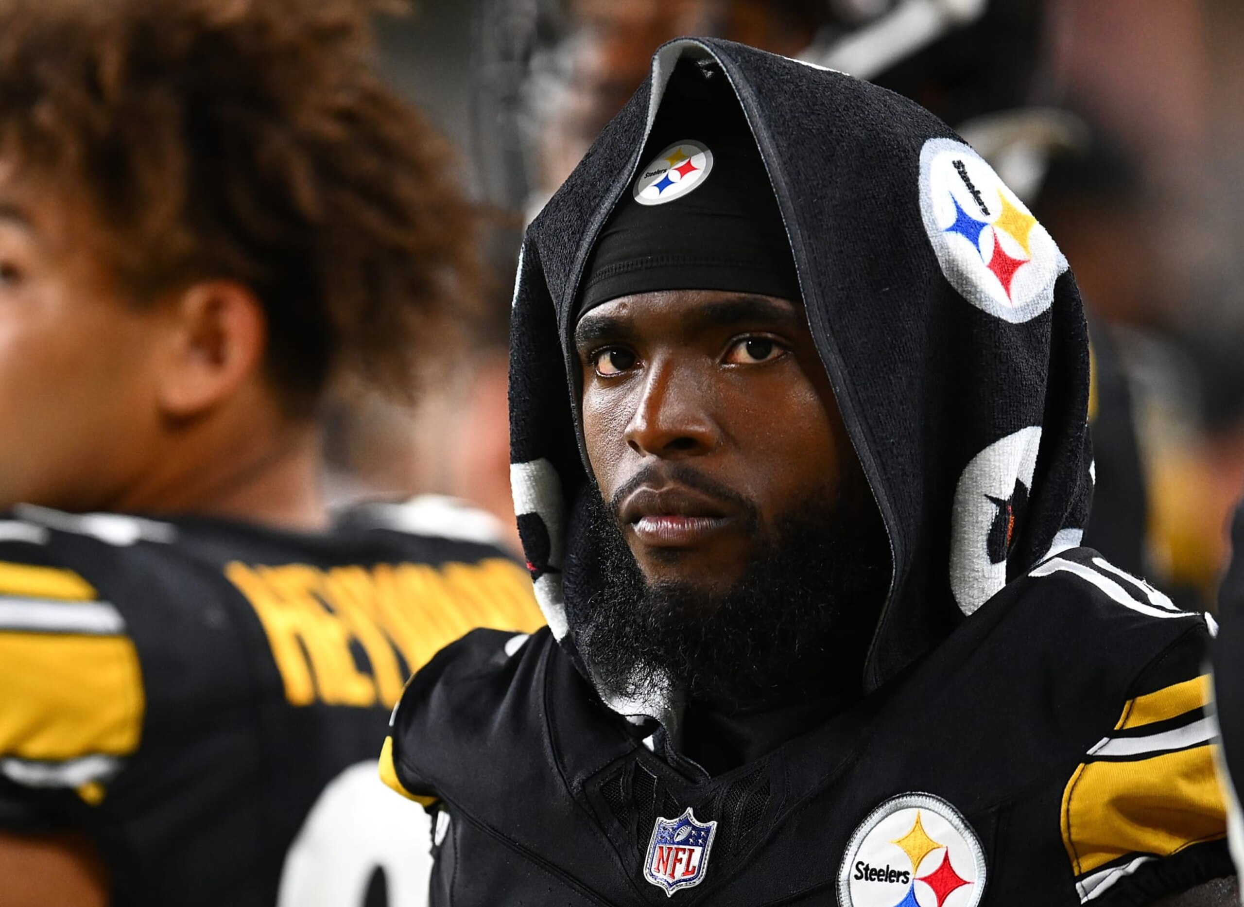 PITTSBURGH, PENNSYLVANIA - AUGUST 19:  Diontae Johnson #18 of the Pittsburgh Steelers looks on during the third quarter of a preseason game against the Buffalo Bills at Acrisure Stadium on August 19, 2023 in Pittsburgh, Pennsylvania. (Photo by Joe Sargent/Getty Images)