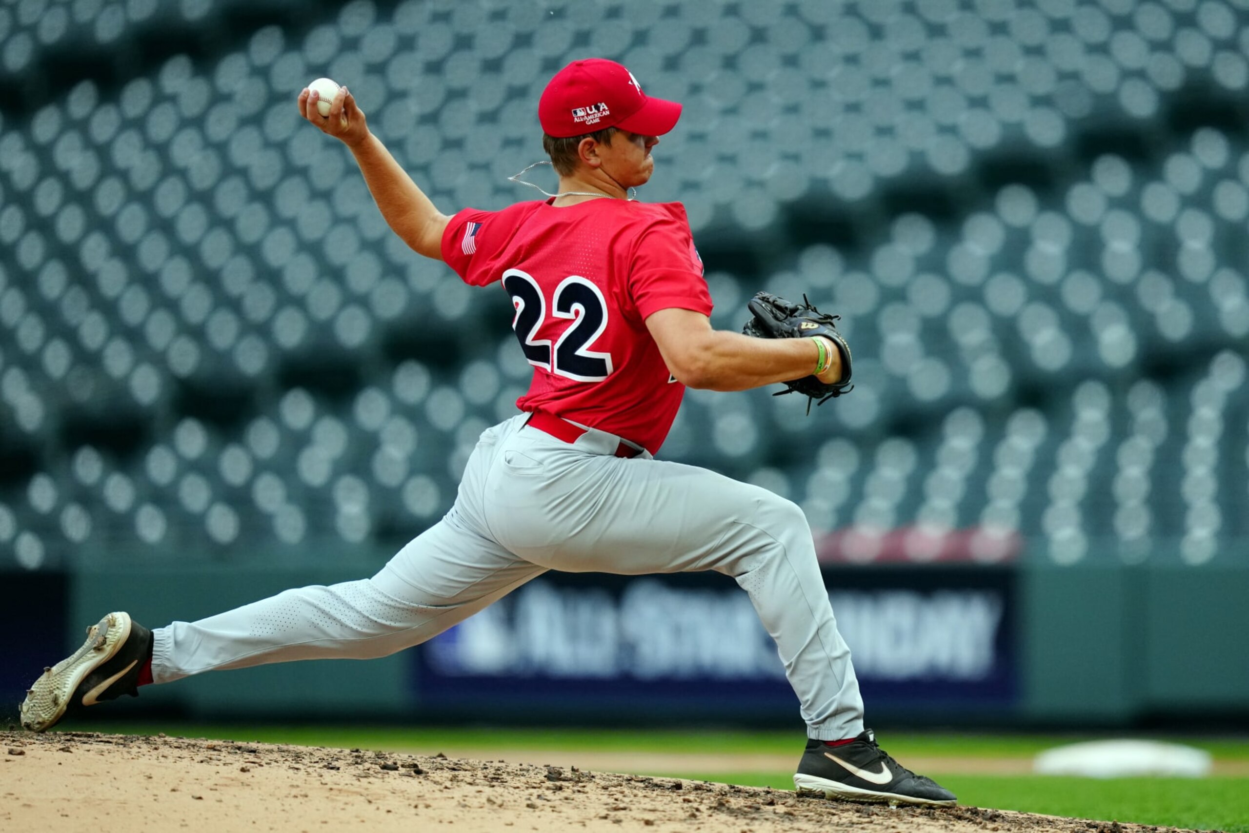 DENVER, CO - JULY 09:  Robby Snelling #22 of the American League Team pitches during the MLB USA Baseball All-American Game at Coors Field on Friday, July 9, 2021 in Denver, Colorado. (Photo by Daniel Shirey/MLB Photos via Getty Images)
