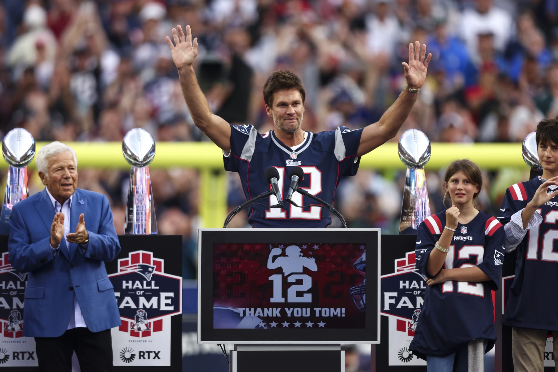 FOXBOROUGH, MA - SEPTEMBER 10: Former quarterback Tom Brady gives a speech while being honored by the New England Patriots at halftime of an NFL football game between the New England Patriots and the Philadelphia Eagles at Gillette Stadium on September 10, 2023 in Foxborough, Massachusetts. (Photo by Kevin Sabitus/Getty Images)