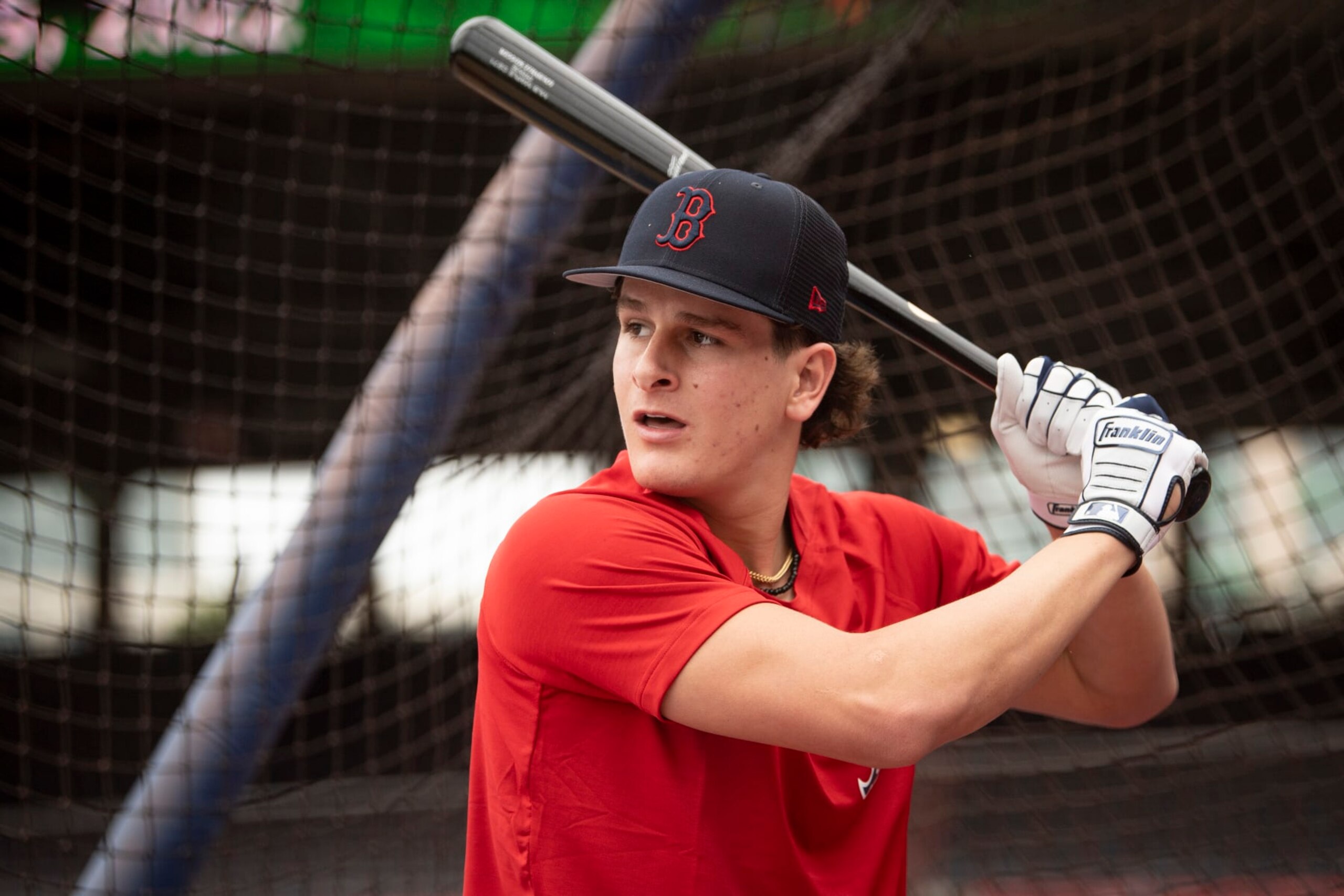 BOSTON, MA - JULY 25: Boston Red Sox second-round draft pick Roman Anthony takes batting practice after signing a contract with the club on July 25, 2022 at Fenway Park in Boston, Massachusetts. (Photo by Maddie Malhotra/Boston Red Sox/Getty Images)