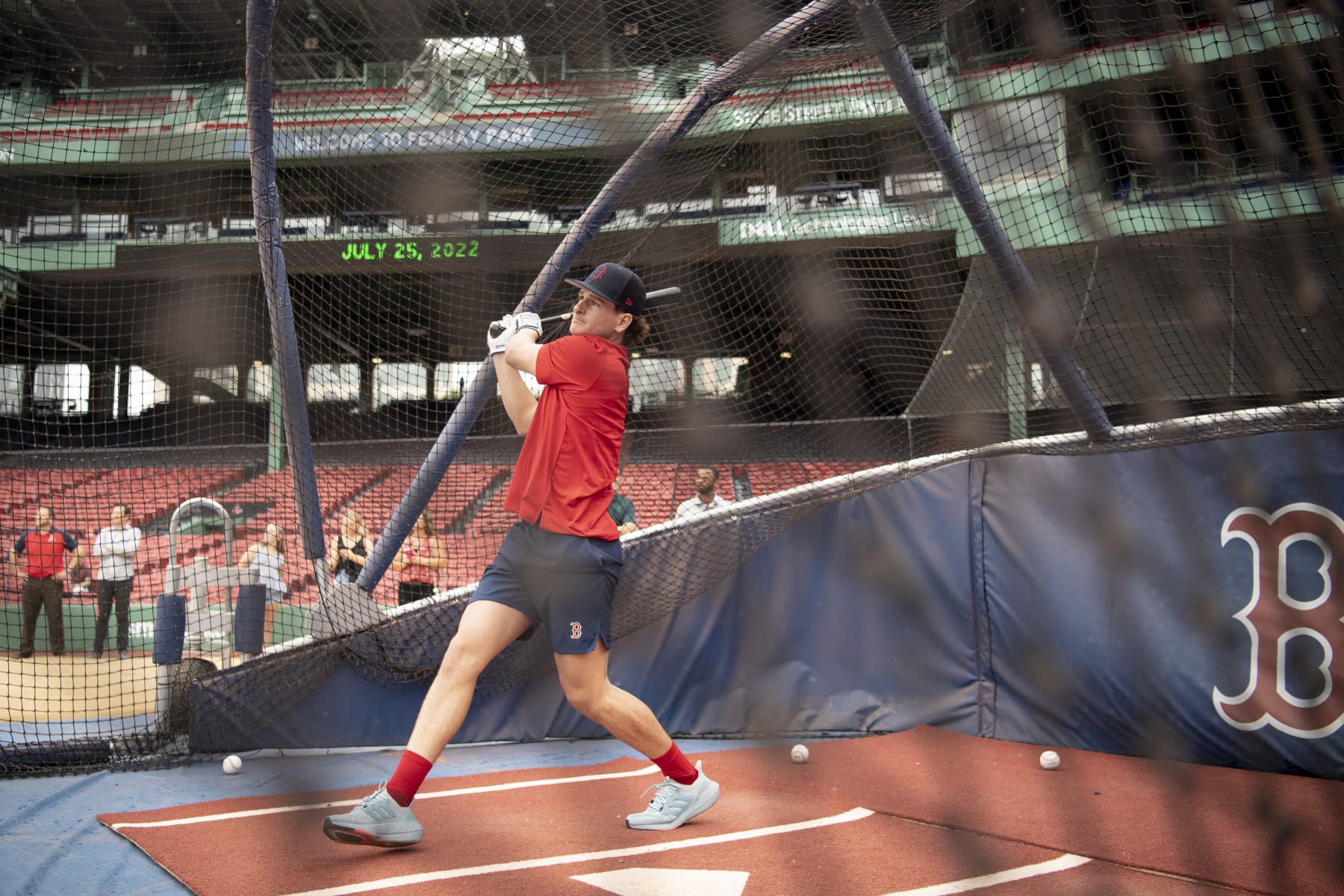 BOSTON, MA - JULY 25: Boston Red Sox second-round draft pick Roman Anthony takes batting practice after signing a contract with the club on July 25, 2022 at Fenway Park in Boston, Massachusetts. (Photo by Maddie Malhotra/Boston Red Sox/Getty Images)