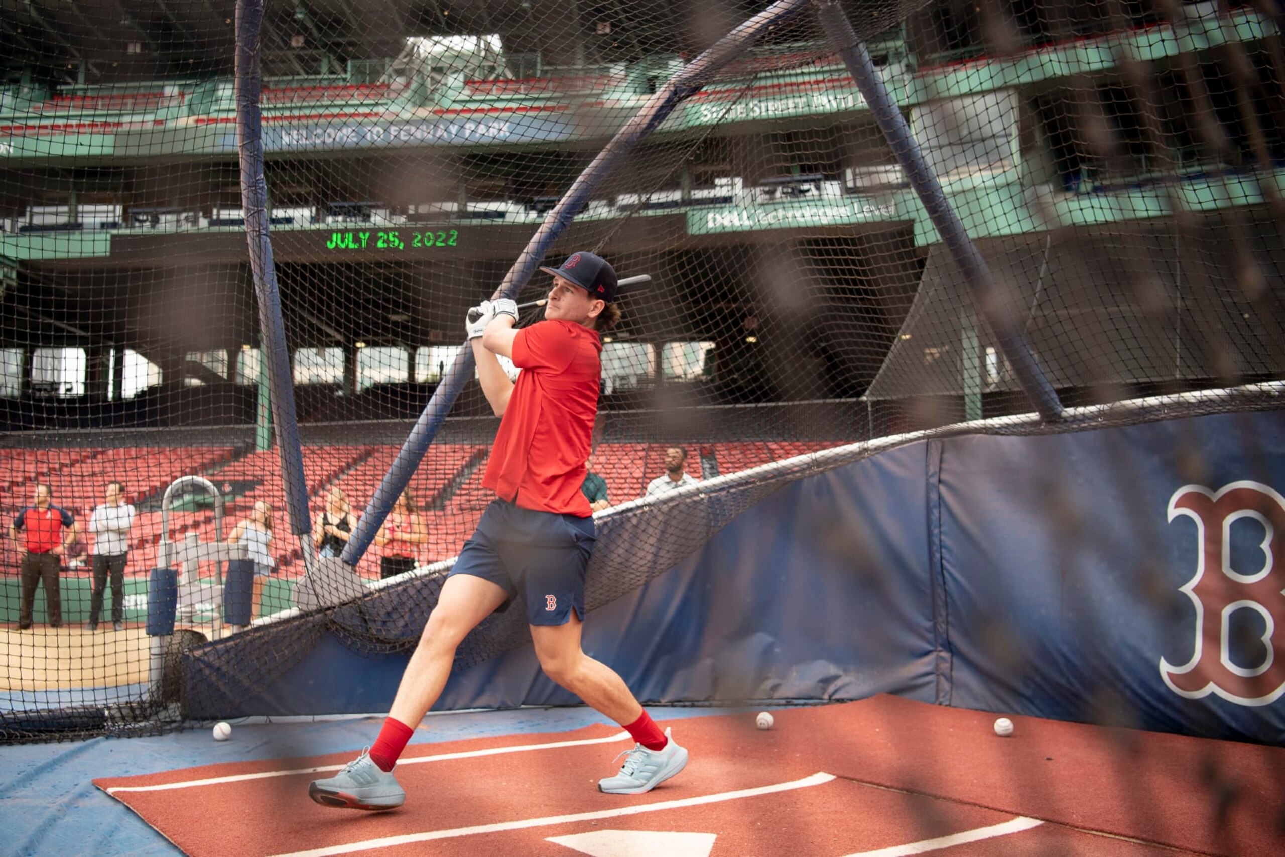 BOSTON, MA - JULY 25: Boston Red Sox second-round draft pick Roman Anthony takes batting practice after signing a contract with the club on July 25, 2022 at Fenway Park in Boston, Massachusetts. (Photo by Maddie Malhotra/Boston Red Sox/Getty Images)