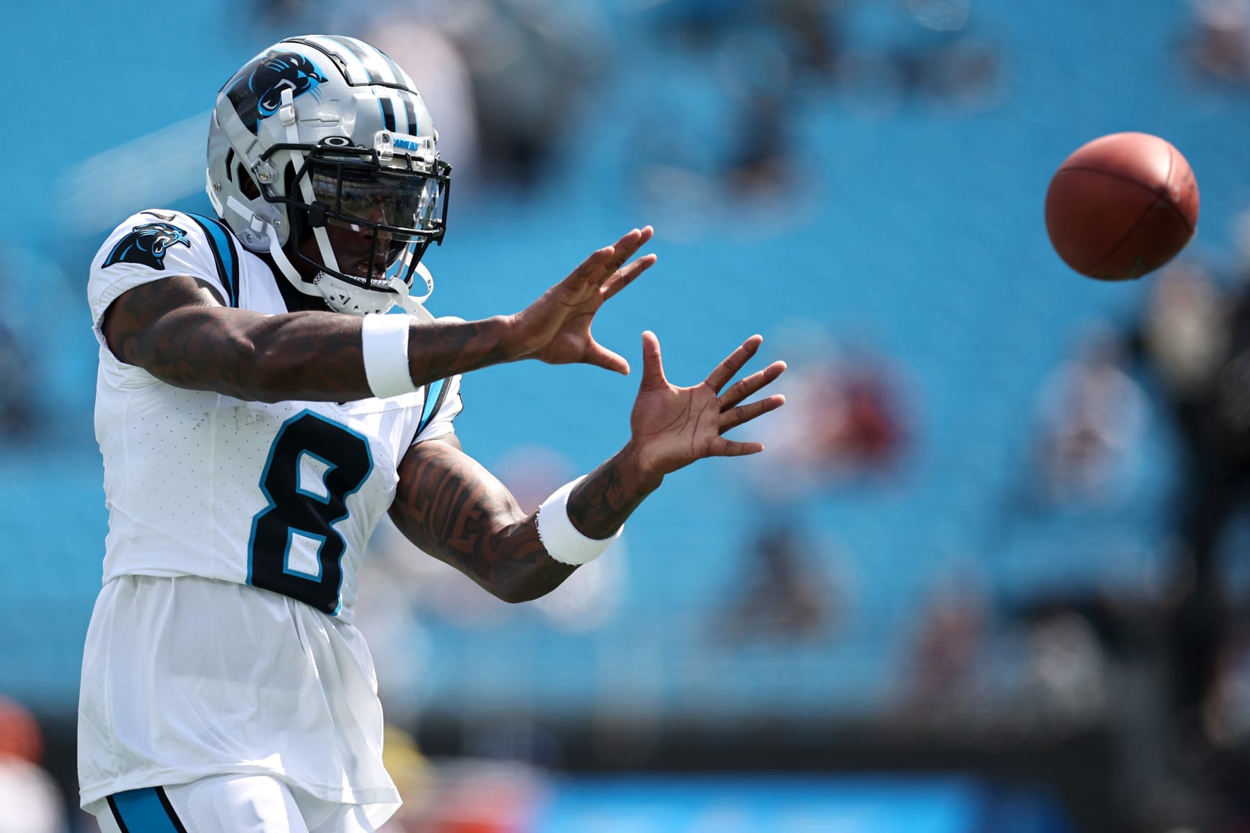 CHARLOTTE, NORTH CAROLINA - AUGUST 12: Jaycee Horn #8 of the Carolina Panthers warms up prior to a preseason game against the New York Jets at Bank of America Stadium on August 12, 2023 in Charlotte, North Carolina. (Photo by Jared C. Tilton/Getty Images)