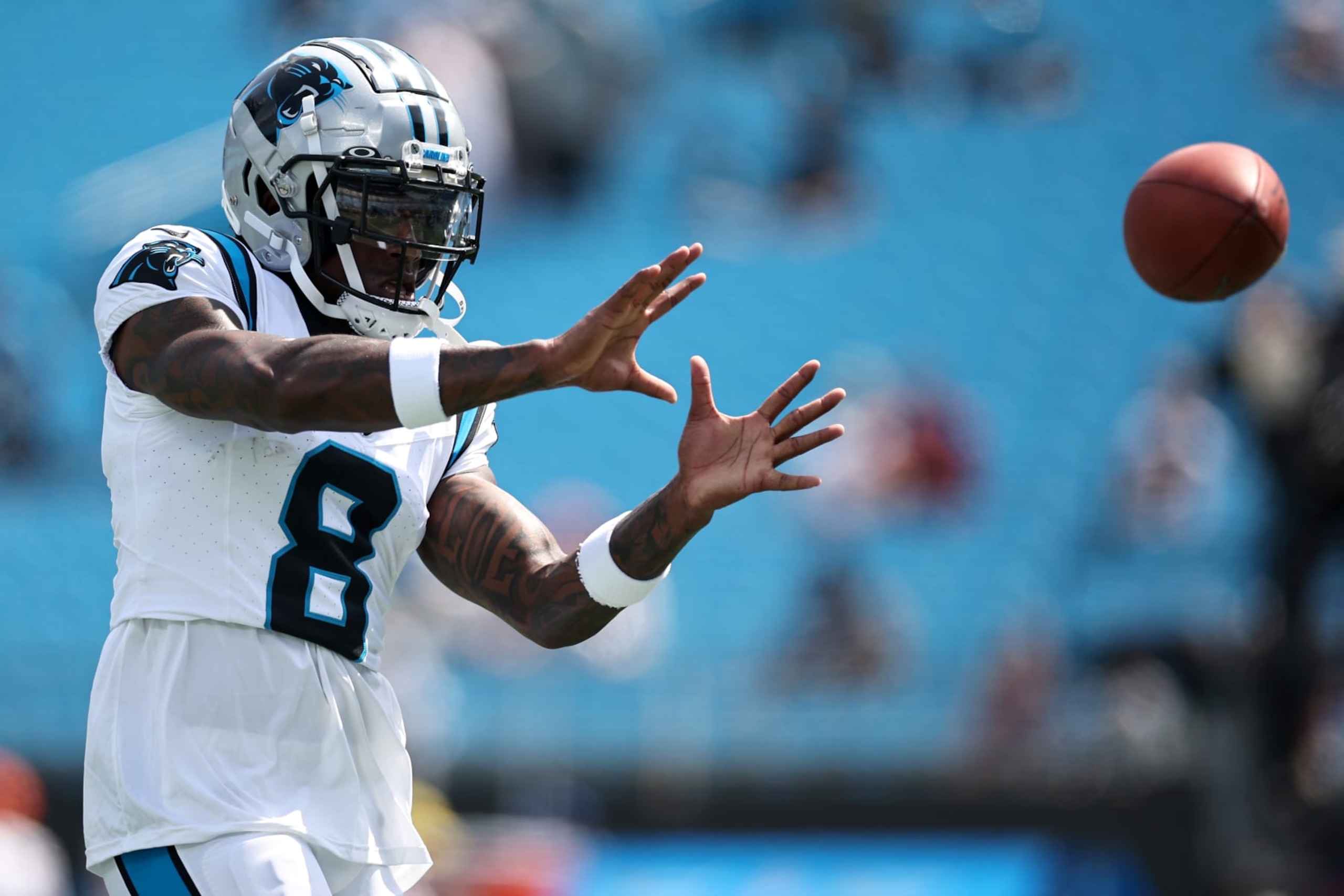 CHARLOTTE, NORTH CAROLINA - AUGUST 12: Jaycee Horn #8 of the Carolina Panthers warms up prior to a preseason game against the New York Jets at Bank of America Stadium on August 12, 2023 in Charlotte, North Carolina. (Photo by Jared C. Tilton/Getty Images)
