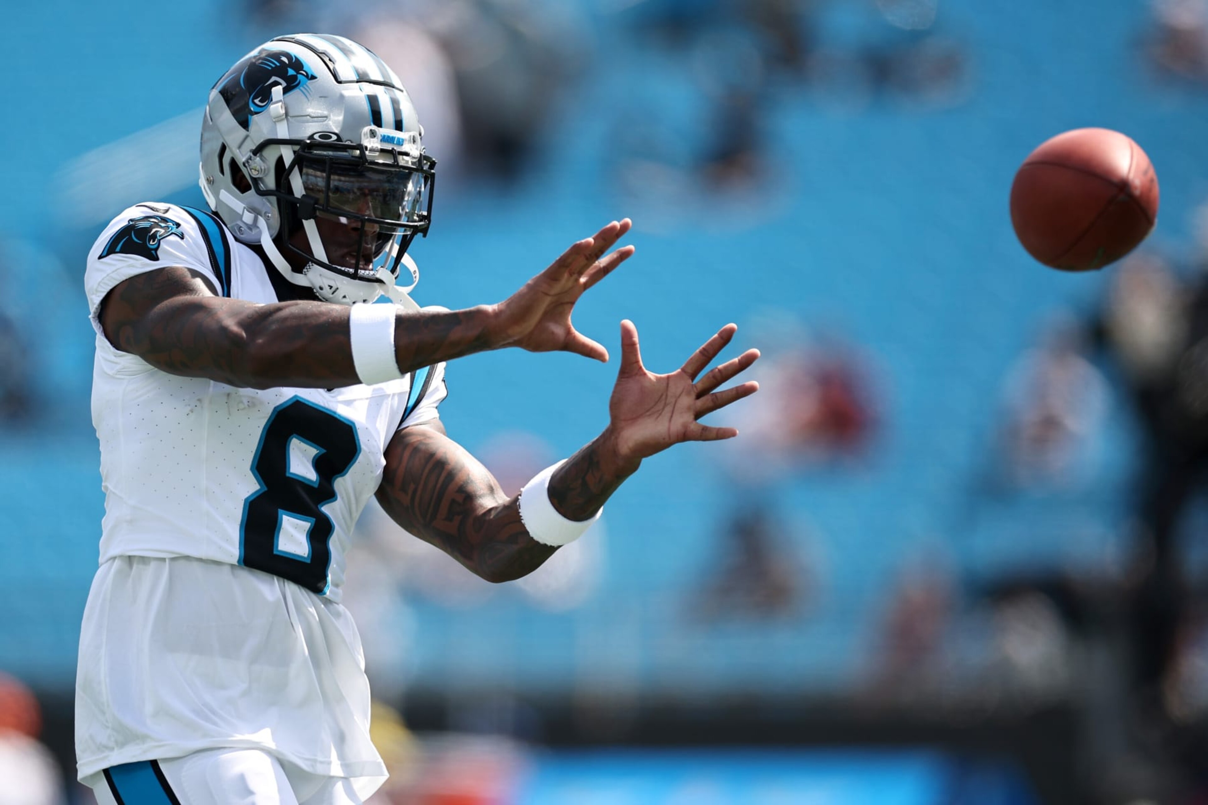 CHARLOTTE, NORTH CAROLINA - AUGUST 12: Jaycee Horn #8 of the Carolina Panthers warms up prior to a preseason game against the New York Jets at Bank of America Stadium on August 12, 2023 in Charlotte, North Carolina. (Photo by Jared C. Tilton/Getty Images)