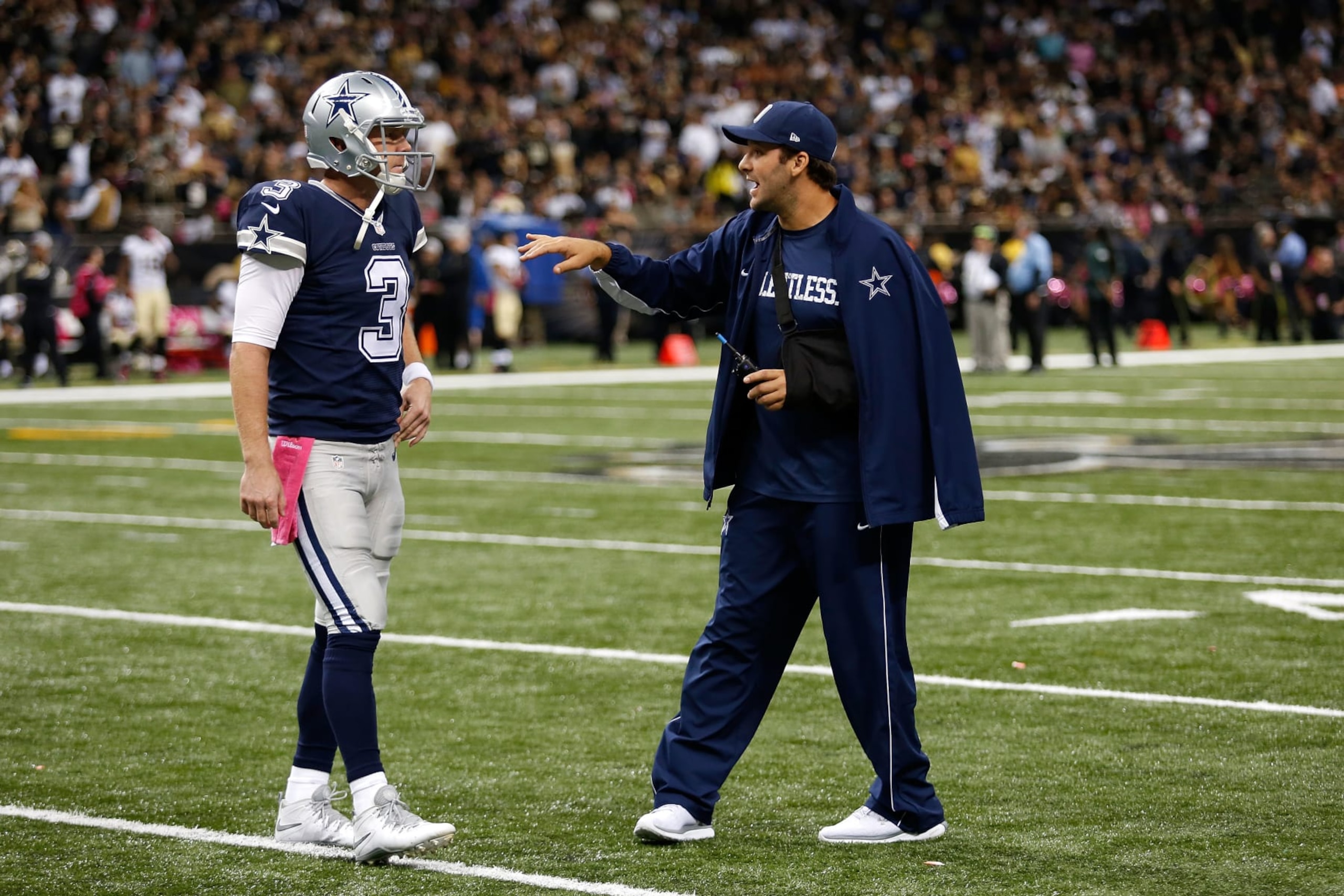 04 October 2015: Dallas Cowboys Quarterback Tony Romo (9) talks with Dallas Cowboys Quarterback Brandon Weeden (3) during a game against the New Orleans Saints at the Mercedes-Benz Superdome in New Orleans, LA. (Photo by Tyler Kaufman/Icon Sportswire) (Photo by Tyler Kaufman/Icon Sportswire/Corbis/Icon Sportswire via Getty Images)