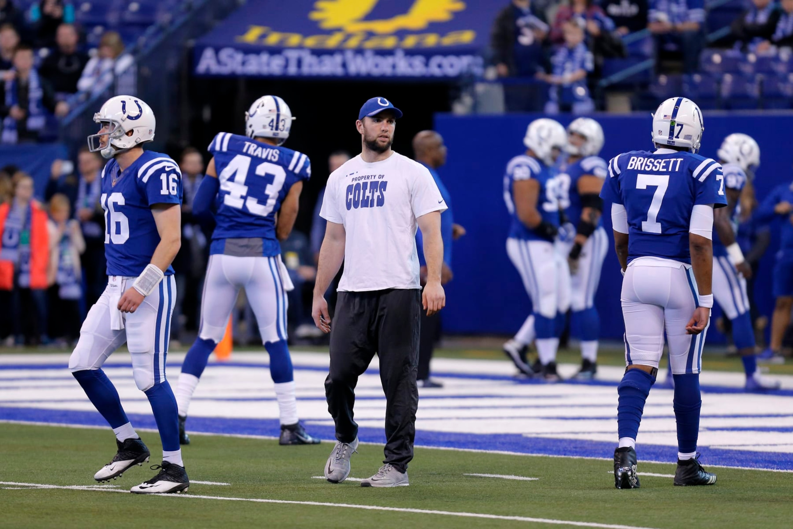 INDIANAPOLIS, IN  December 31: Indianapolis Colts quarterback Andrew Luck (12) during an NFL football game between the Houston Texans and the Indianapolis Colts on December 31, 2017, at Lucas Oil Stadium in Indianapolis IN. The Indianapolis Colts defeated the Houston Texans 22-13. (Photo by Jeffrey Brown/Icon Sportswire via Getty Images)