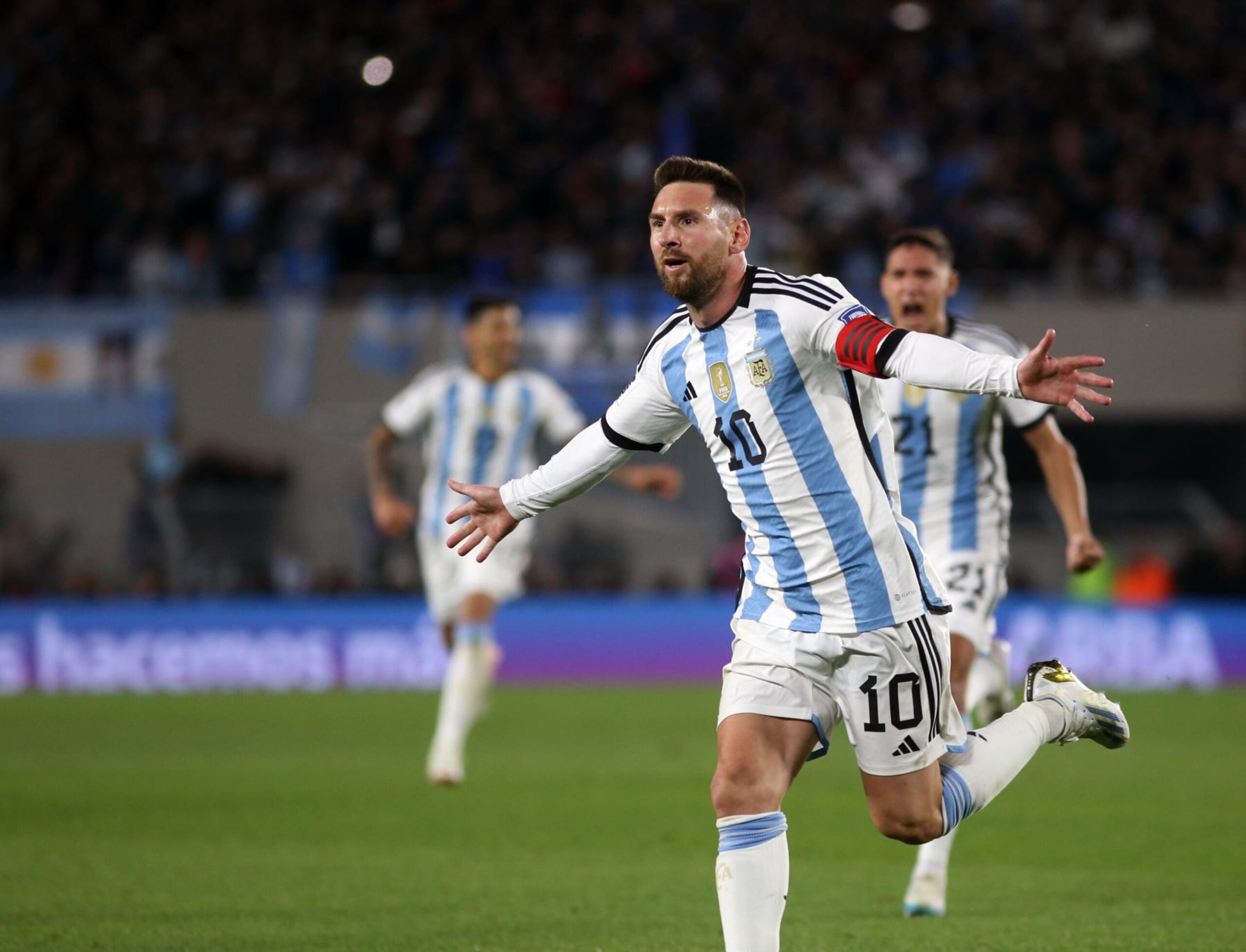BUENOS AIRES, ARGENTINA - SEPTEMBER 07: Lionel Messi of Argentina celebrates after scoring a goal during the 2026 FIFA World Cup South American qualifiers football match between Argentina and Ecuador in Buenos Aires, on September 7, 2023. (Photo by Mariano Sanchez/Anadolu Agency via Getty Images)