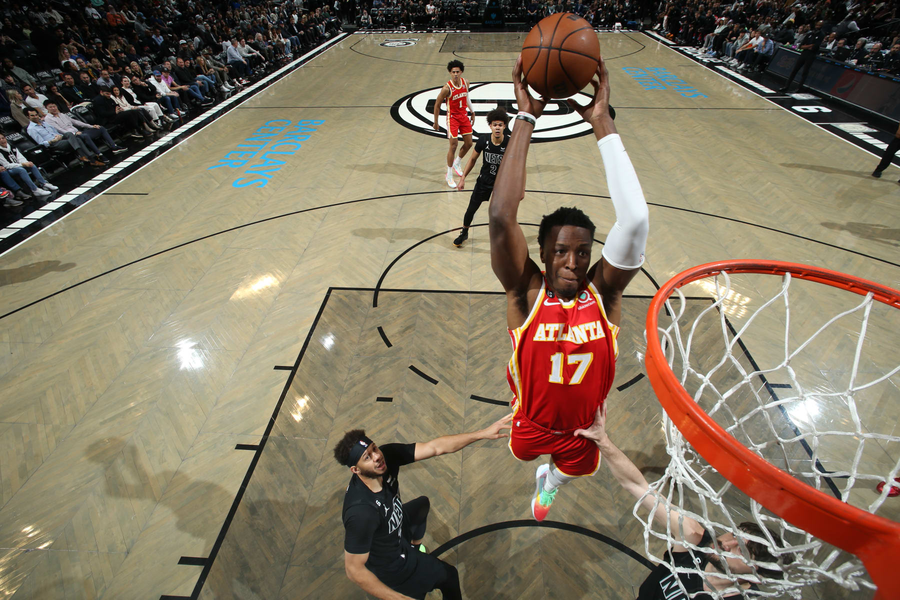 BROOKLYN, NY - MARCH 31: Onyeka Okongwu #17 of the Atlanta Hawks drives to the basket during the game against the Brooklyn Nets on March 31, 2023 at Barclays Center in Brooklyn, New York. NOTE TO USER: User expressly acknowledges and agrees that, by downloading and or using this Photograph, user is consenting to the terms and conditions of the Getty Images License Agreement. Mandatory Copyright Notice: Copyright 2023 NBAE (Photo by Nathaniel S. Butler/NBAE via Getty Images)